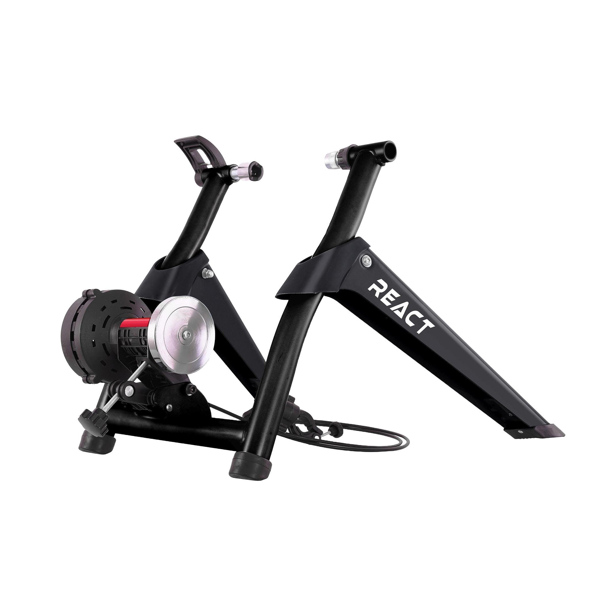 Czarny trenażer rowerowy na czarnym tle. Widoczny napis REACT.