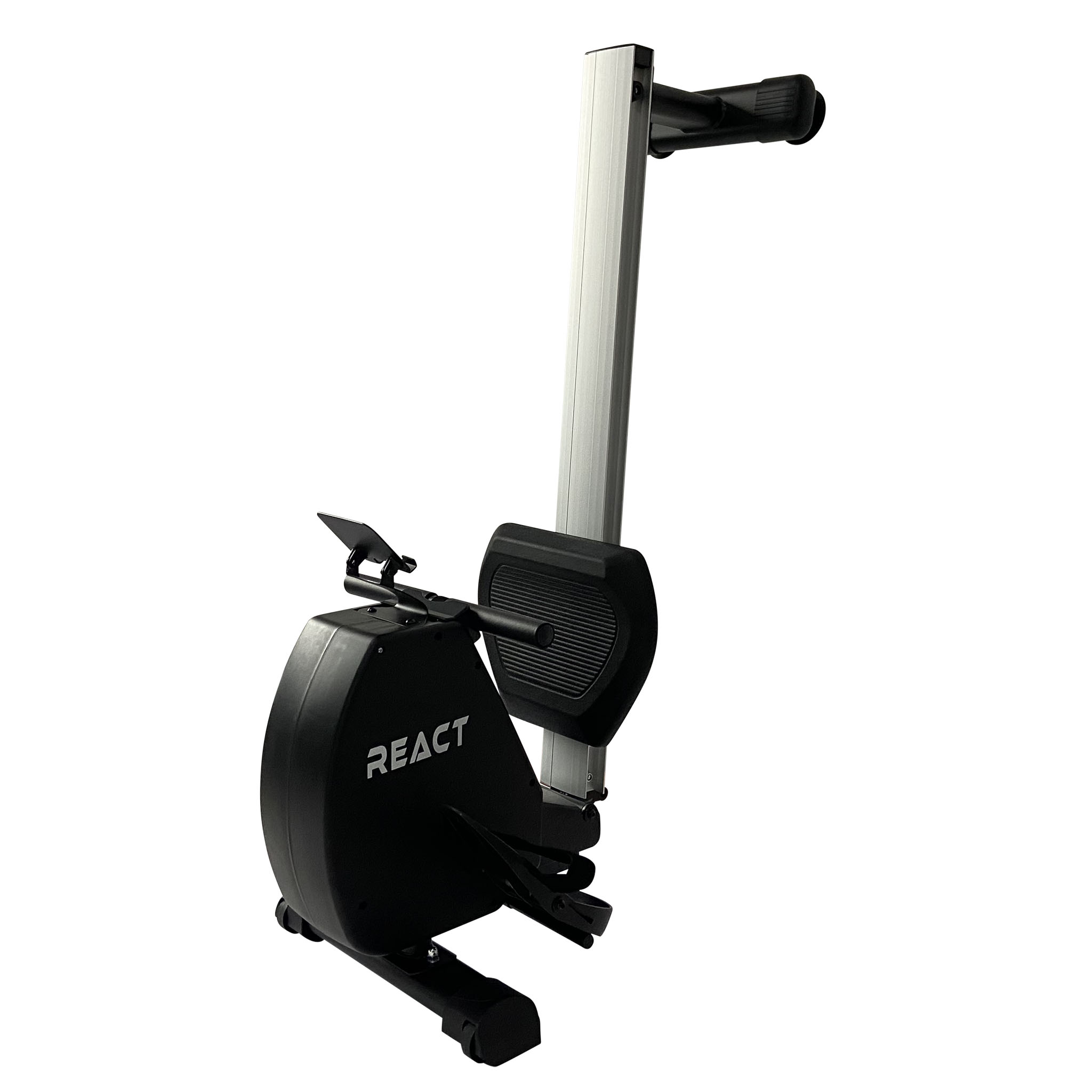 Eine schwarz-silberne Rudermaschine. Das Wort 'REACT' ist auf dem Gehäuse der Maschine zu sehen.