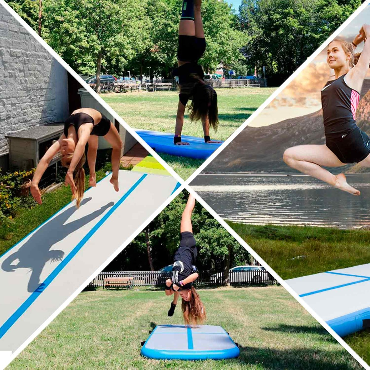 Kolaż gimnastyczek na torach powietrznych wykonujących różne pozy, w tym stanie na rękach i tyłem do tyłu.
