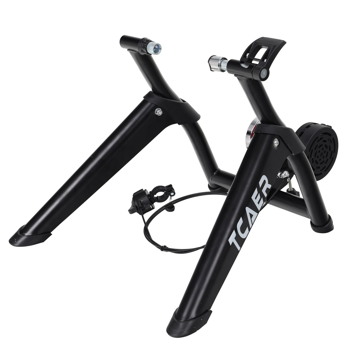 Czarny stojak na rower z logo TCaer. Dwie nogi, uchwyt na koło i kabel.