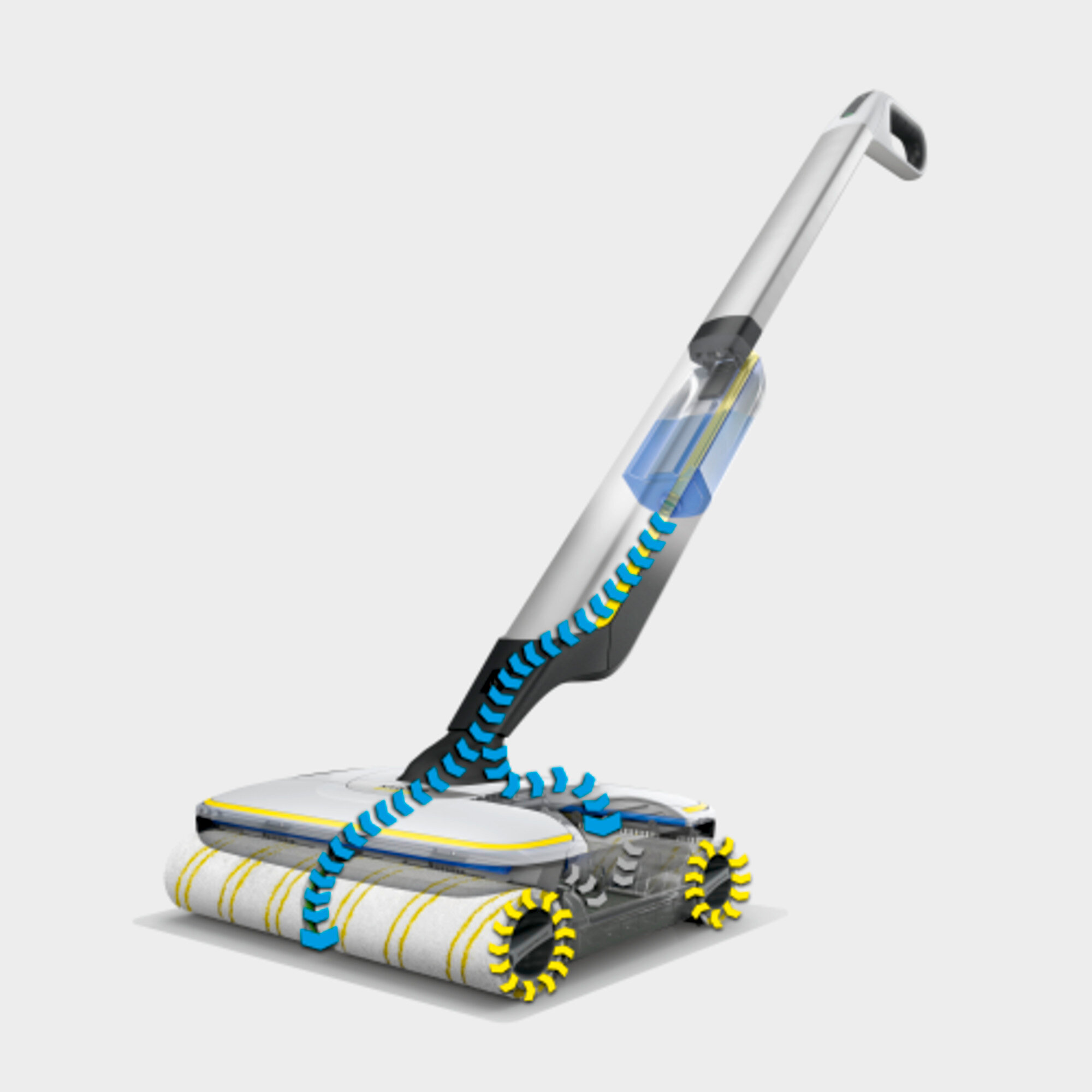 Ein Kärcher FC 7 Bodenreiniger, mit Wasserflusslinien in Blau dargestellt.