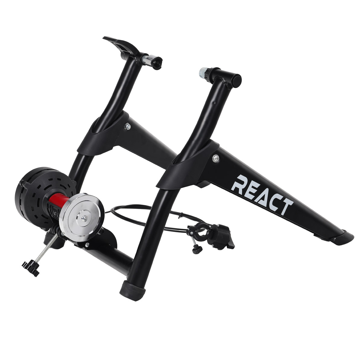 Czarny trenażer rowerowy. Nazwa marki to REACT.