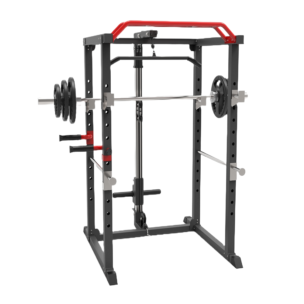 Sprzęt do ćwiczeń: czarny stojak na sztangę z obciążeniami, sztangą i czerwonymi akcentami.