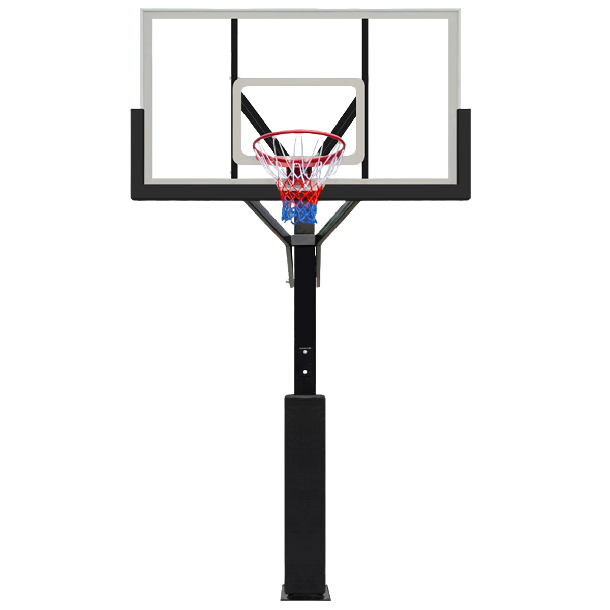 Czarny kosz do koszykówki. Posiada tablicę, siatkę i słup z podstawą.