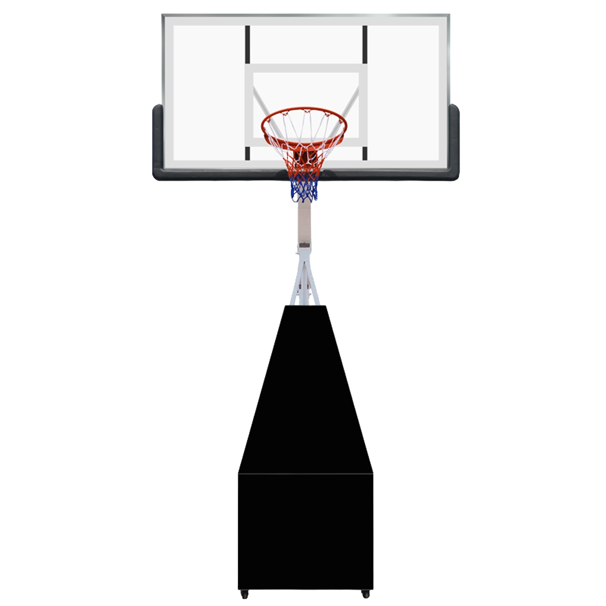 Koszykówka na czarnej podstawie. Przezroczysta tablica, czerwona siatka.