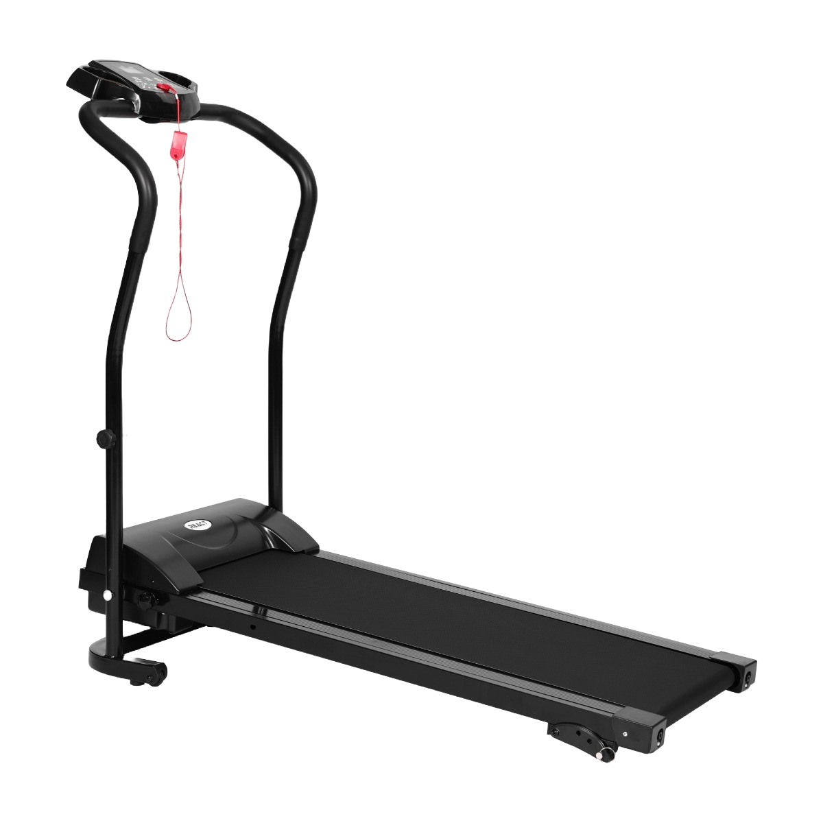 Czarna bieżnia z wyświetlaczem i poręczami. Ma czerwony klips bezpieczeństwa i czarny pas do biegania.