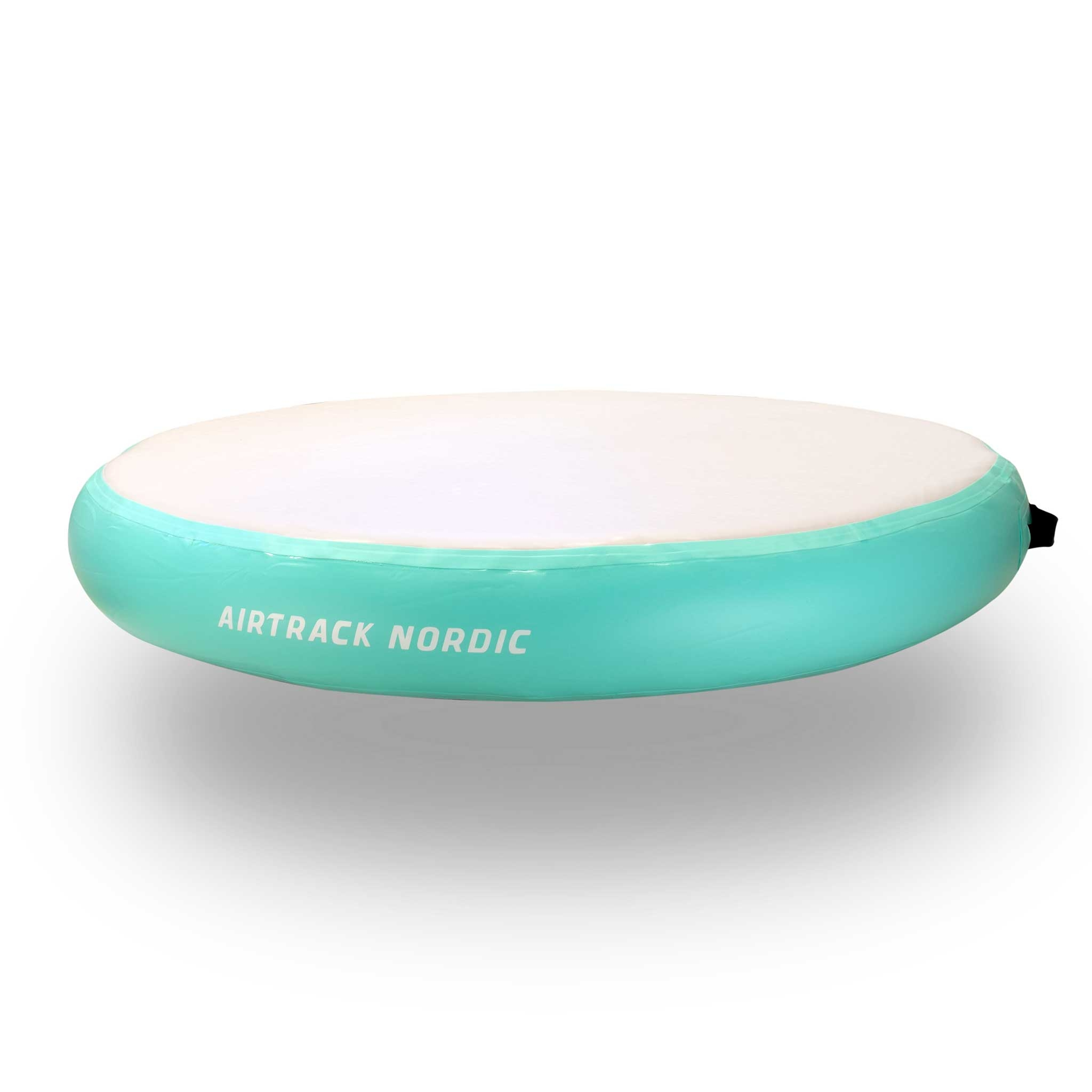 Owalny nadmuchiwany tor powietrzny, miętowe boki, biały wierzch i czarny uchwyt.