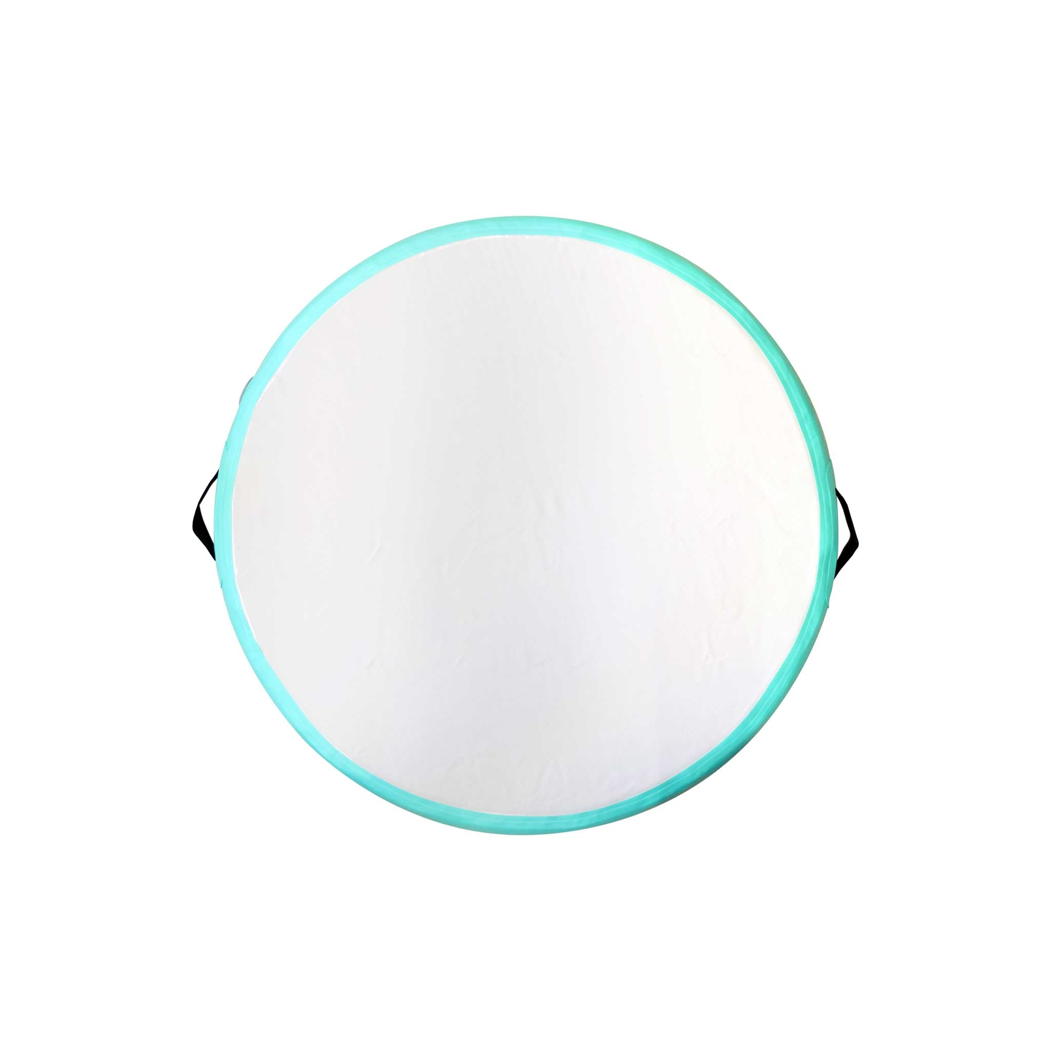 Okrągła nadmuchiwana mata z turkusową obwódką, widok z góry, z czarnymi uchwytami.
