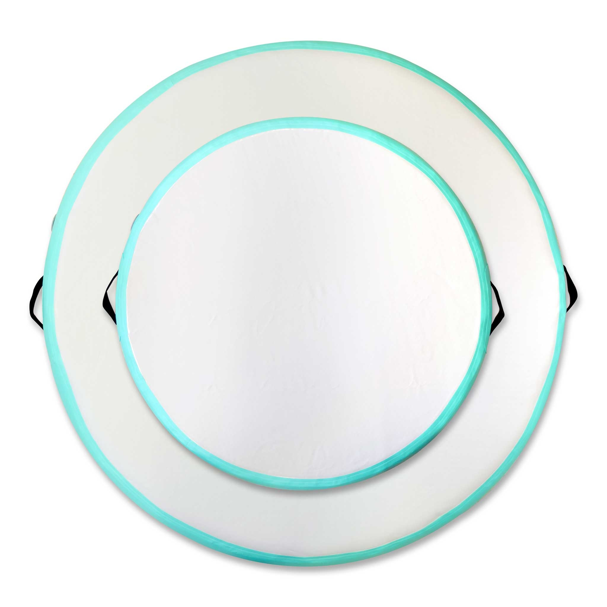 Dwa białe i turkusowe reflektory, jeden w drugim, na białym tle.