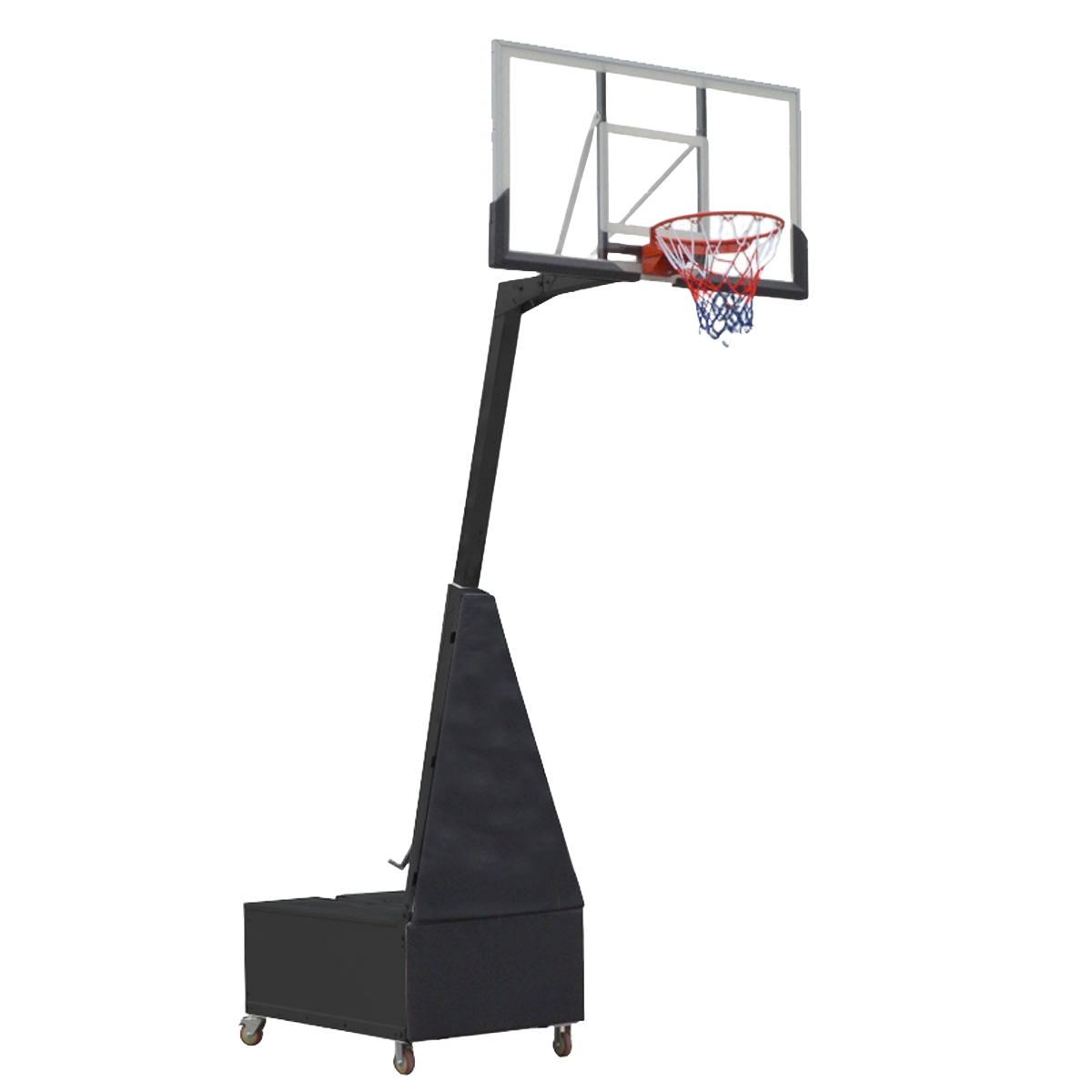 Koszykówka na czarnej podstawie z kółkami. Siatka jest czerwono-biała. Tablica jest przezroczysta.