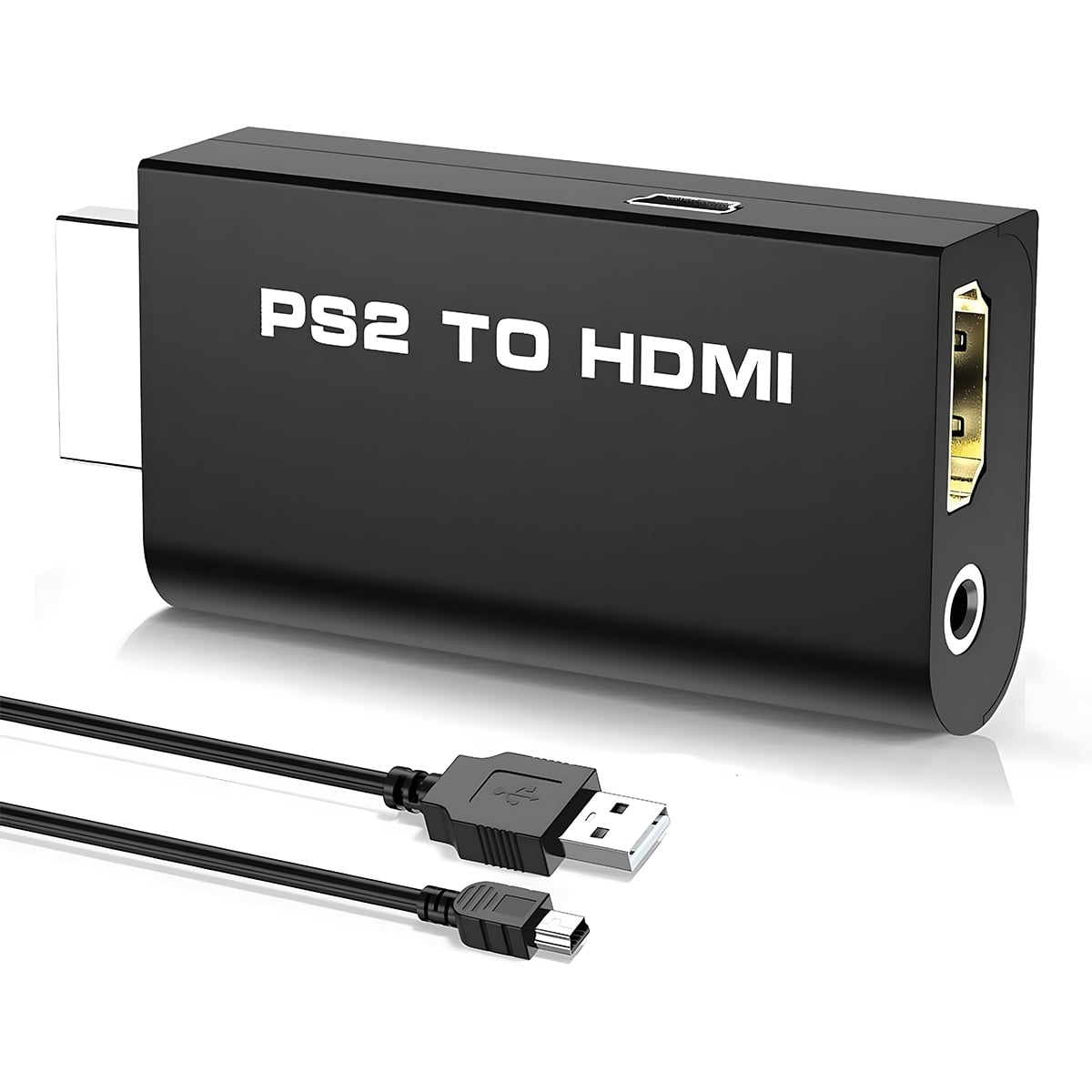 Schwarzer PS2-zu-HDMI-Adapter mit USB-Kabel.