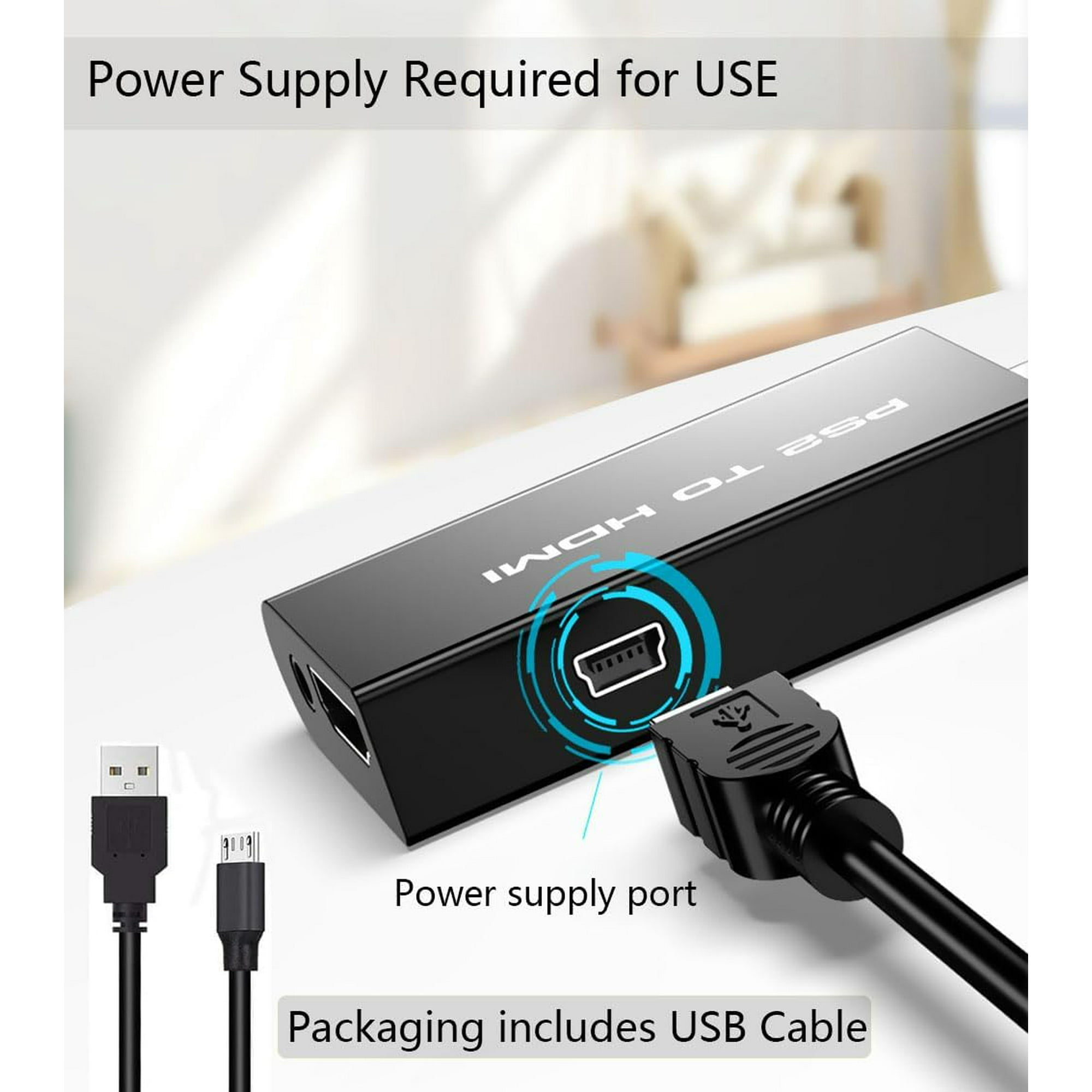 Ein schwarzer PS2-zu-HDMI-Adapter mit USB-Kabel und anderen Kabeln.
