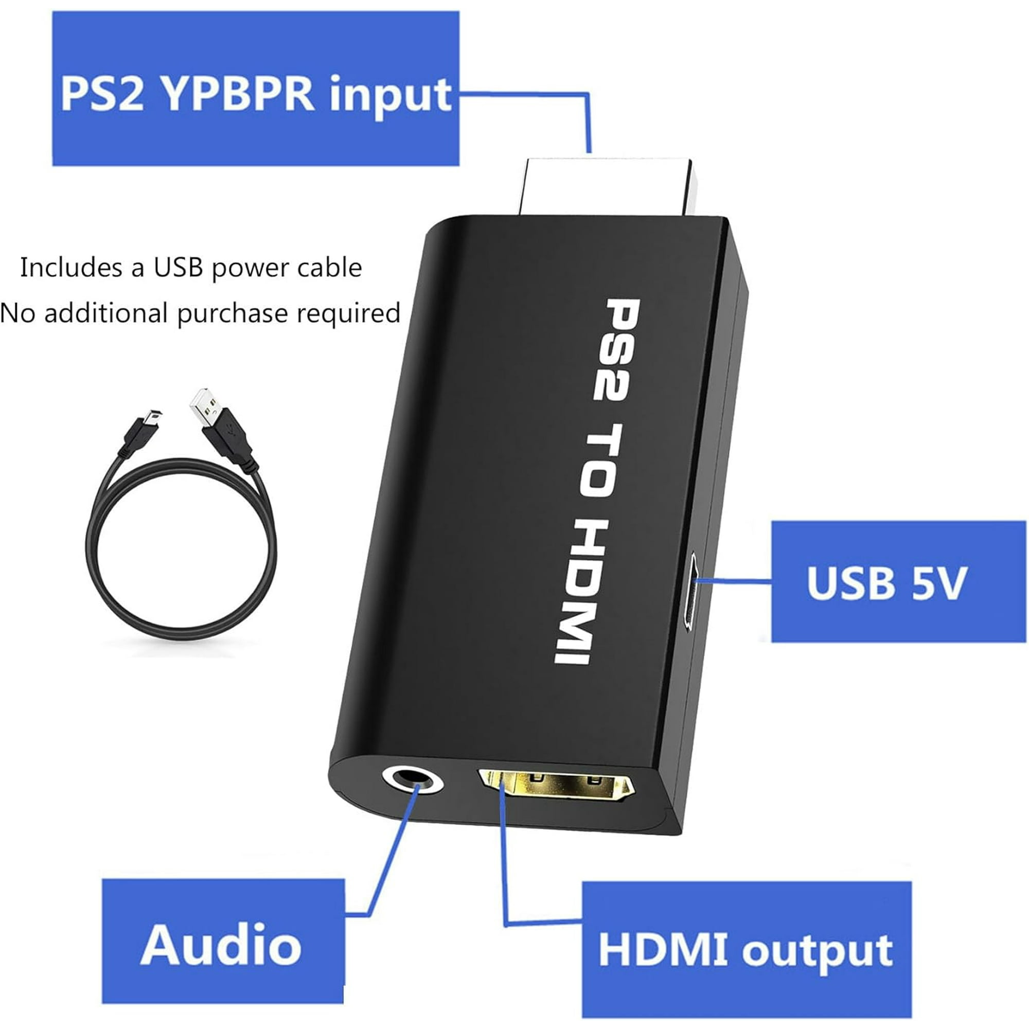 Schwarzer PS2-zu-HDMI-Adapter. Inklusive USB-Stromkabel. Beschriftet mit PS2-zu-HDMI, USB 5V, Audio, HDMI-Ausgang.