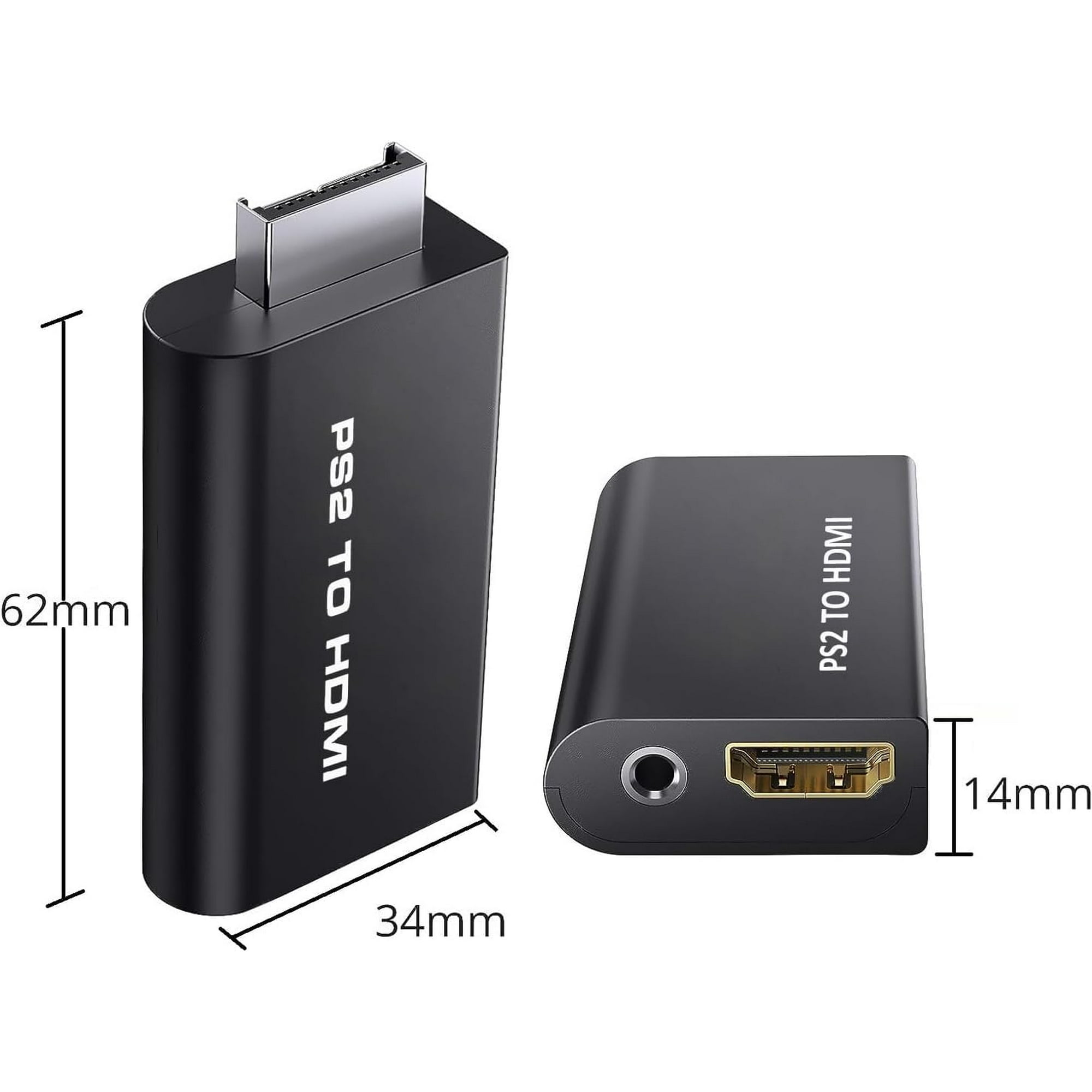 Zwei schwarze PS2-zu-HDMI-Adapter. Einer zeigt Abmessungen, der andere hat einen Anschluss und einen Kopfhöreranschluss.