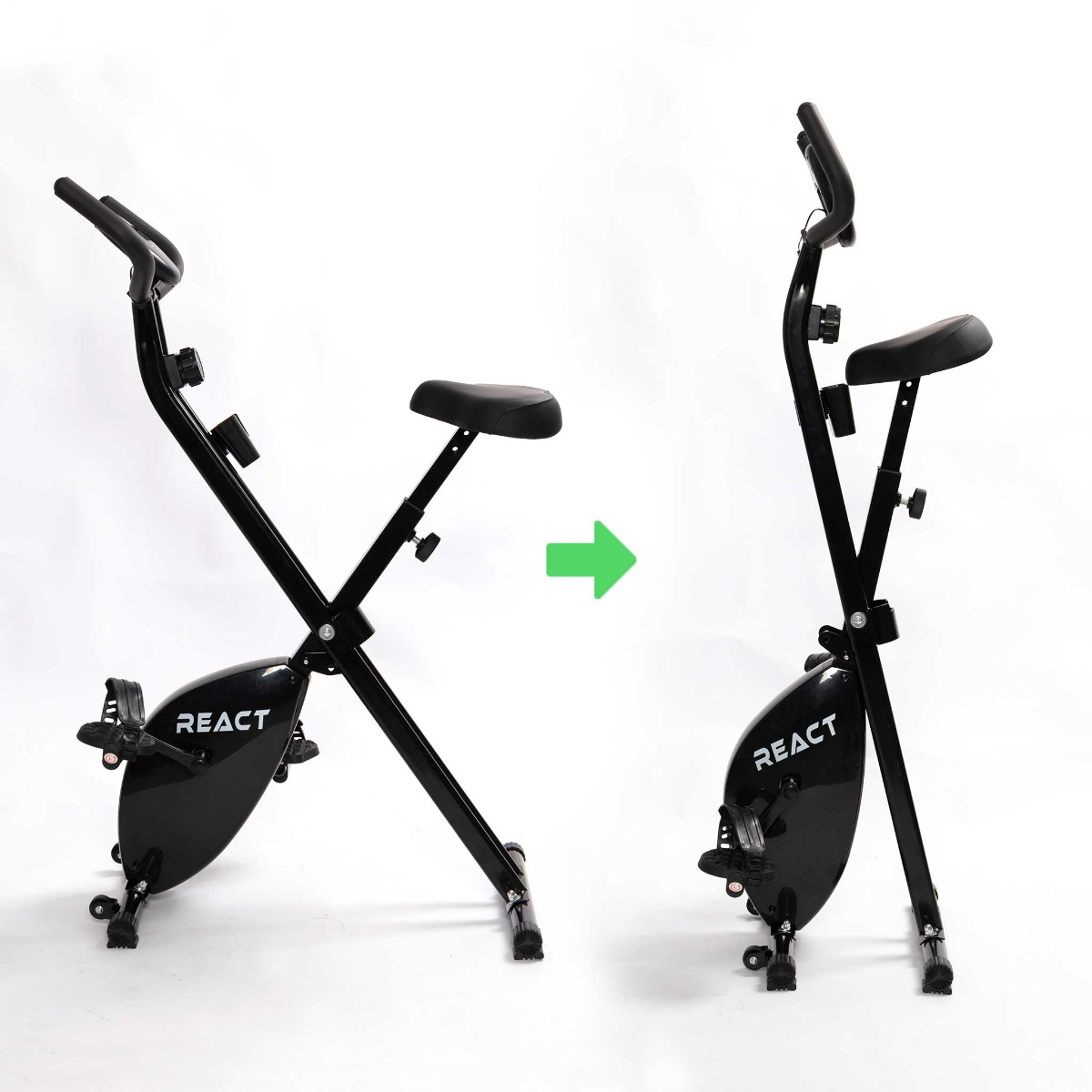 Ein Heimtrainer in zwei Positionen, gefaltet und entfaltet, mit einem grünen Pfeil.