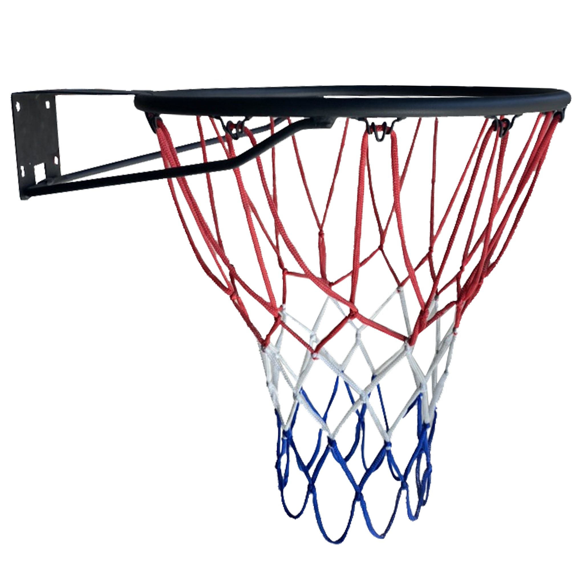 Koszyk do koszykówki z czerwoną, białą i niebieską siatką, czarną ramą i wspornikiem montażowym.