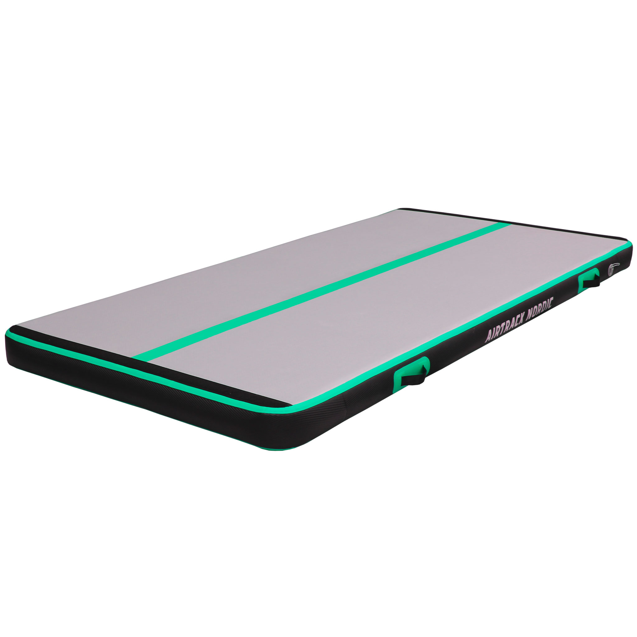 Mata Airtrack w kolorze szarym z zielonym paskiem pośrodku i zielonymi krawędziami.