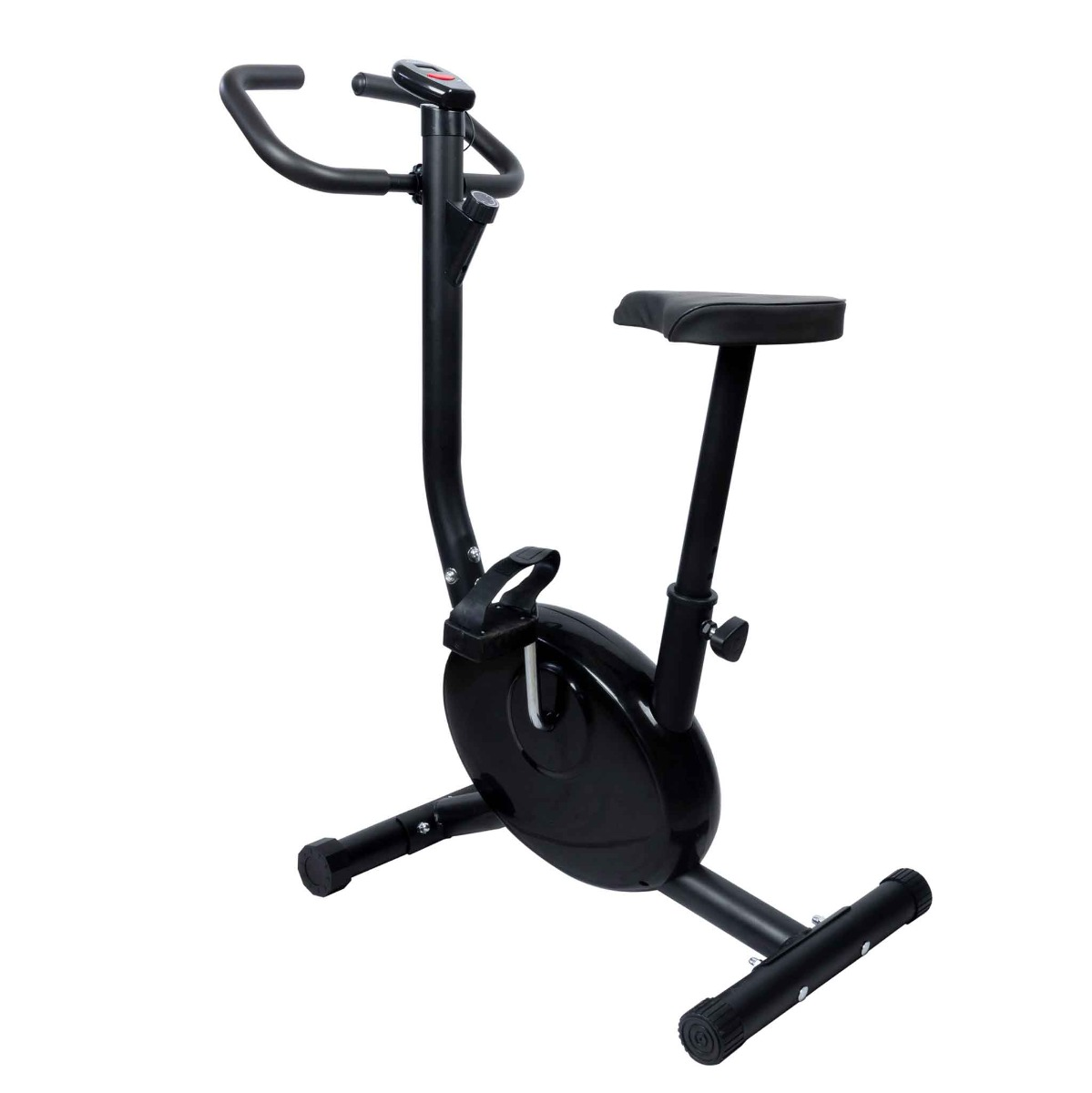 Czarny rower stacjonarny. Ma siodełko, kierownicę i centralne koło.