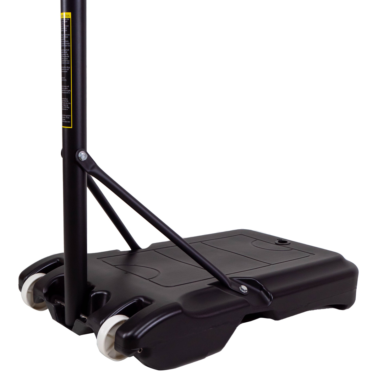 Czarna podstawa do koszykówki z kołami, słupkiem i ramionami wspornikowymi.