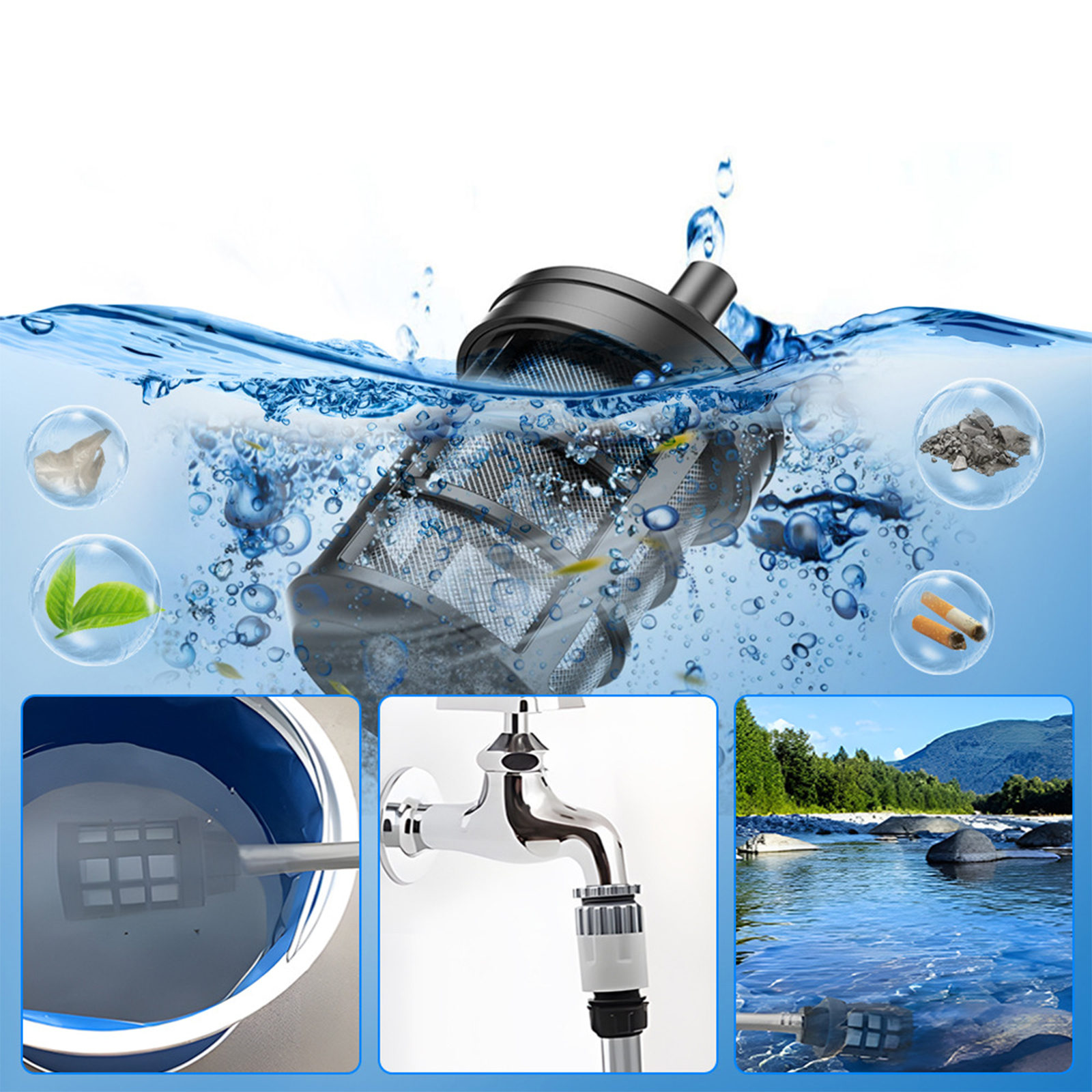 Ein Wasserfiltersystem mit verschiedenen Verunreinigungen im Wasser. Enthält Blätter, Steine und Zigarettenkippen.