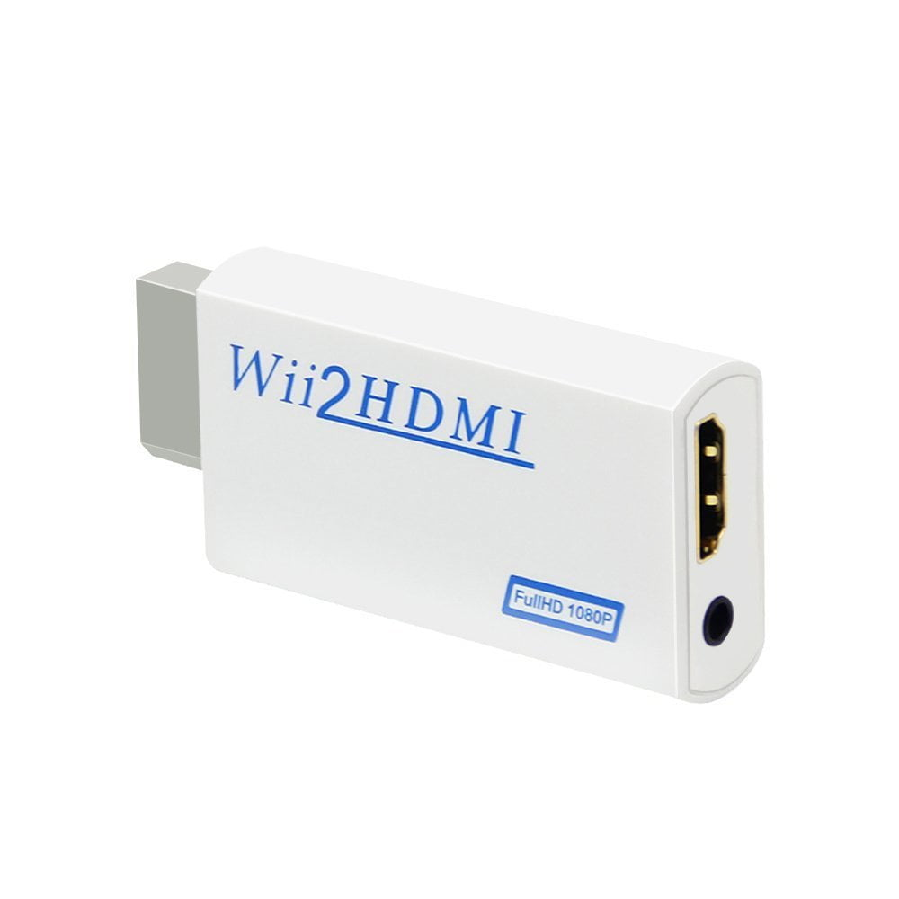 Weißer Wii2HDMI-Adapter. Blauer Text 'Wii2HDMI' ist sichtbar, zusammen mit 'FullHD 1080P'.