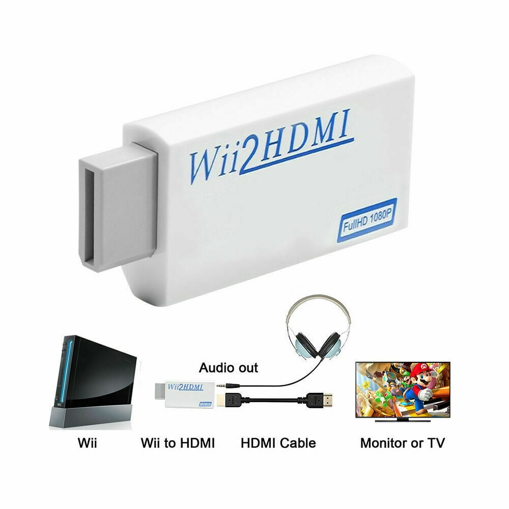 Wii-zu-HDMI-Adapter mit Wii-Konsole, HDMI-Kabel und einem Fernseher.