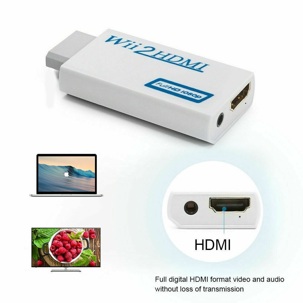 Weißer Wii2HDMI-Adapter. Er hat Anschlüsse und ist mit einem Laptop und einem Fernseher verbunden.