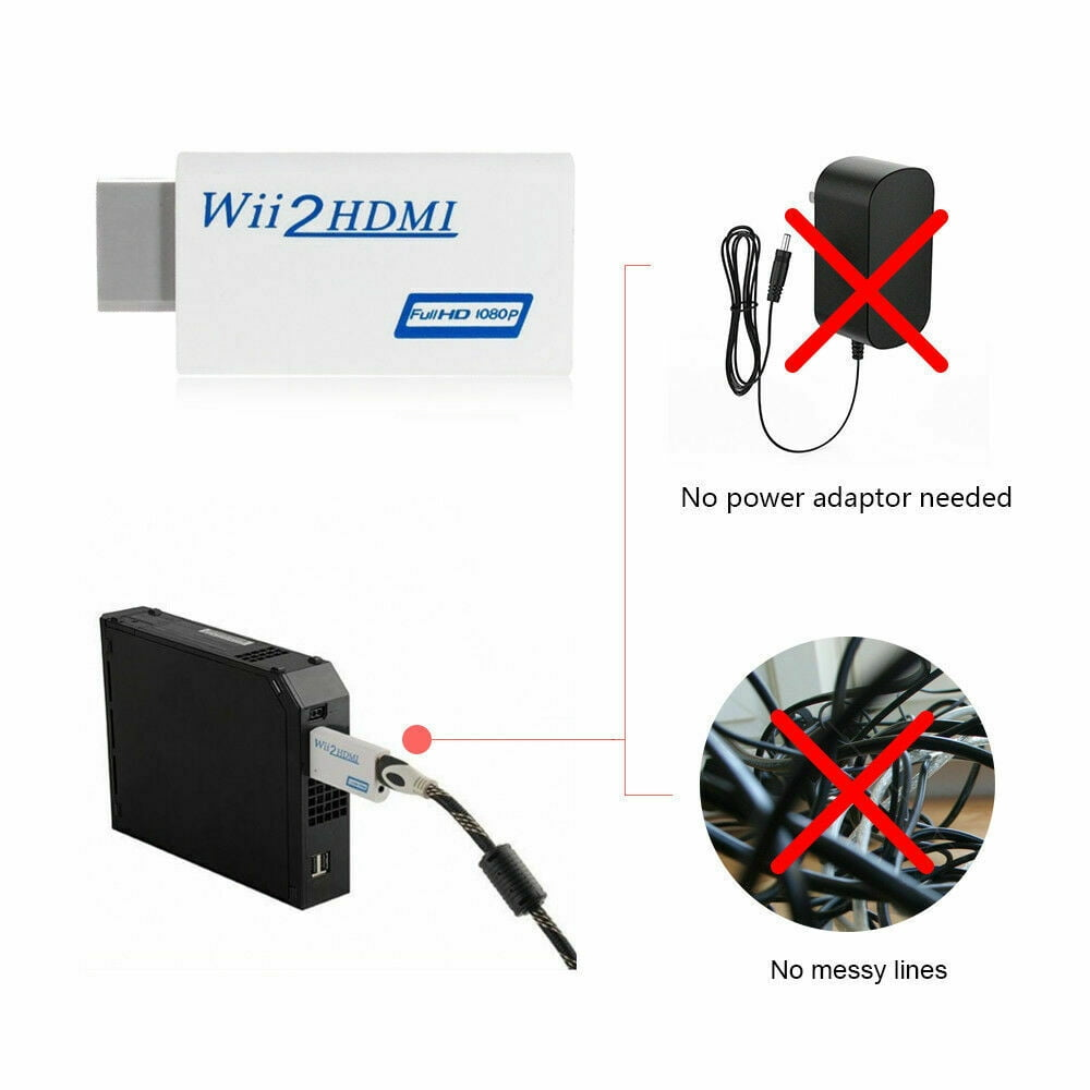 Wii2HDMI-Adapter, Wii-Konsole und durchgestrichenes Netzteil und unordentliche Kabel.