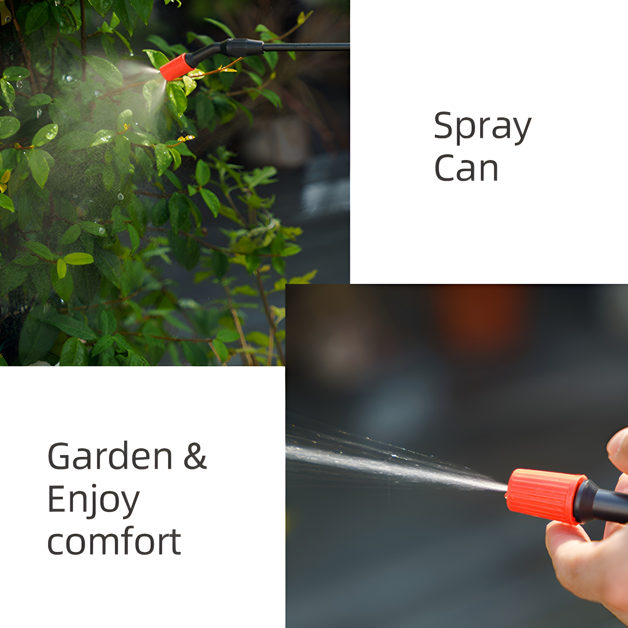 Eine Sprühdose sprüht Wasser auf Pflanzen. Der Hintergrund enthält einen Garten. Weißer Hintergrund.