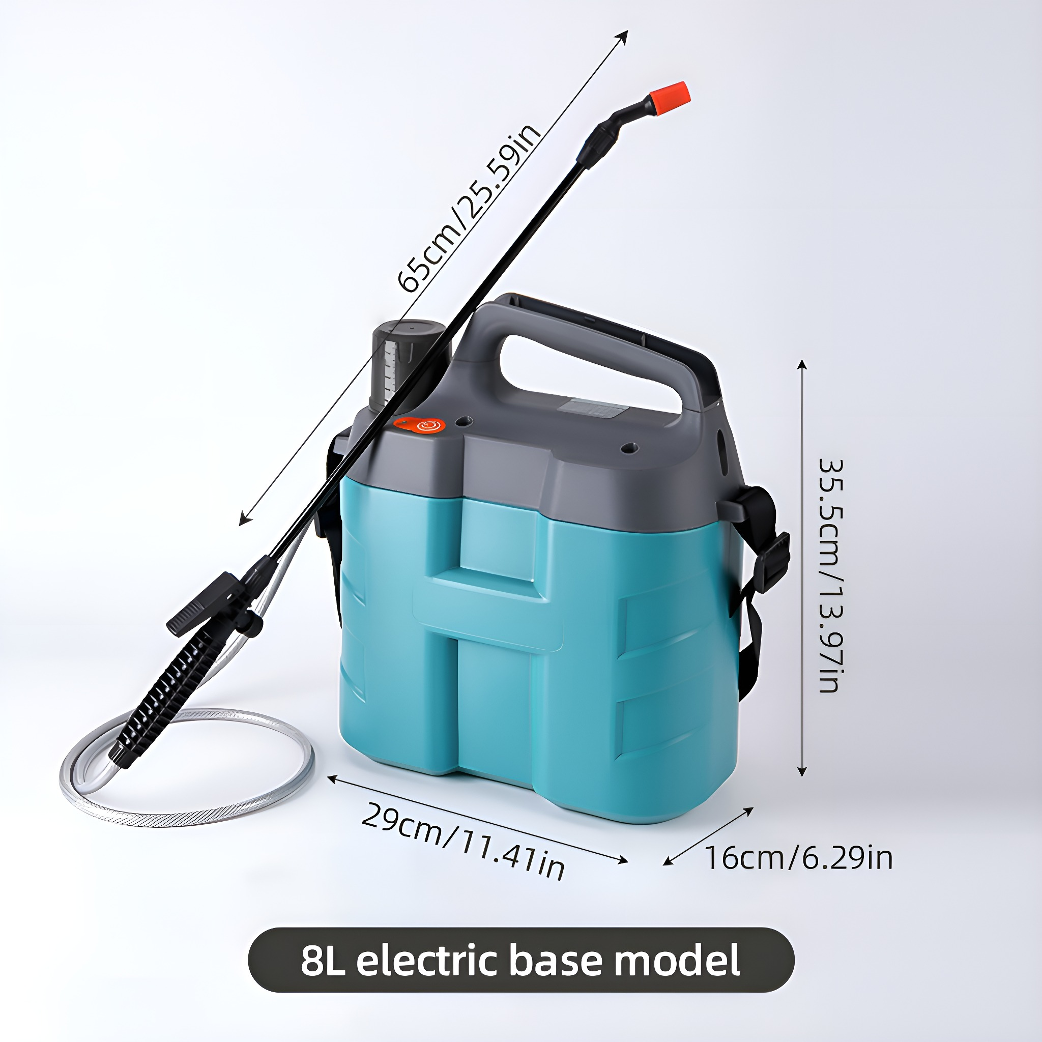 Ein blau-graues elektrisches Sprühgerät mit Messungen und Abmessungen rundherum.