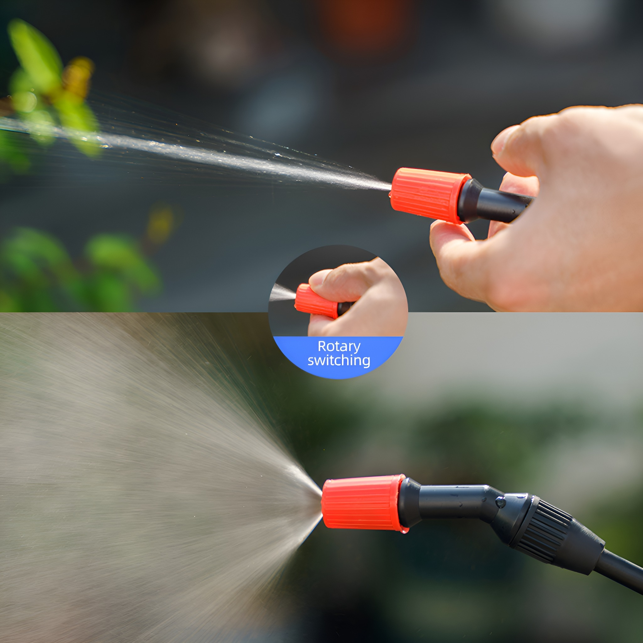 Nahaufnahme einer Hand, die eine rot-schwarze Sprühdüse hält. Wasser sprüht.