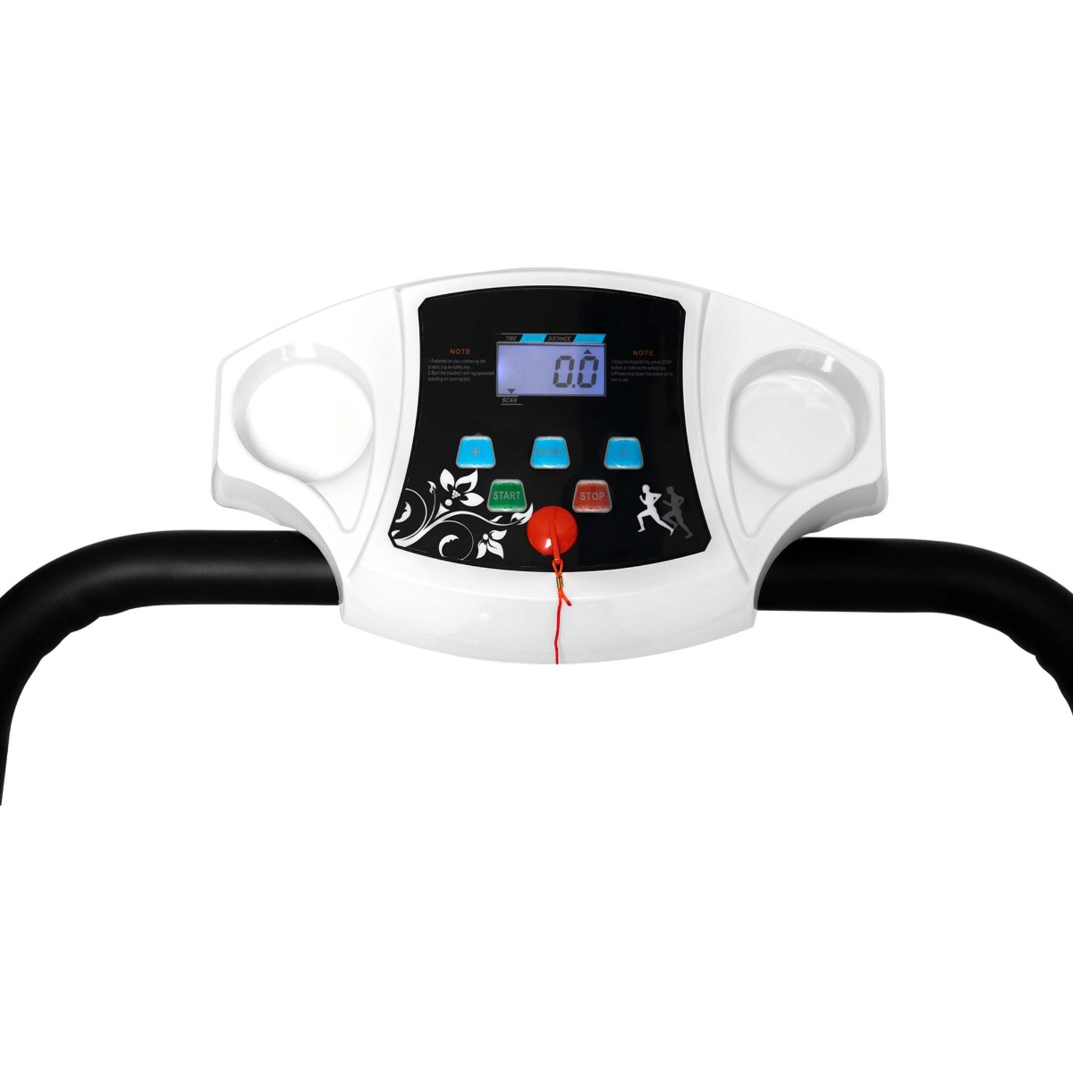 Panel sterowania bieżnią w kolorze białym. Wyświetla przyciski start, stop, prędkość i ekran.