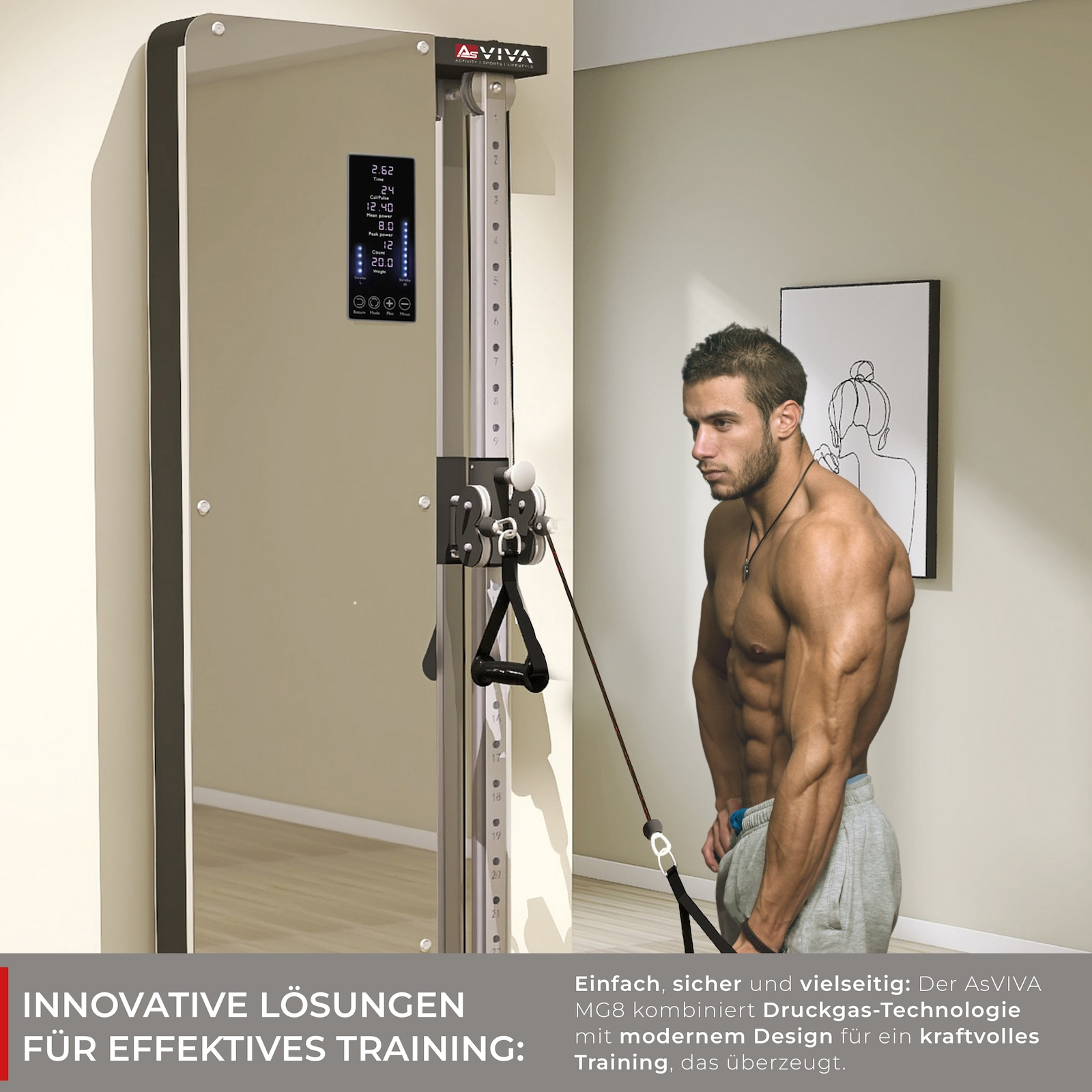 Mann an einer Gewichtsmaschine. Der Text unten lautet: Innovative Lösungen für effektives Training.
