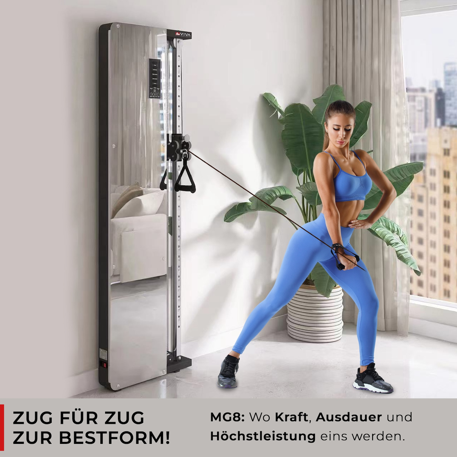 Frau trainiert mit Fitnessgeräten. Schwarze und silberne Geräte. Text: Zug für Zug zur Bestform!