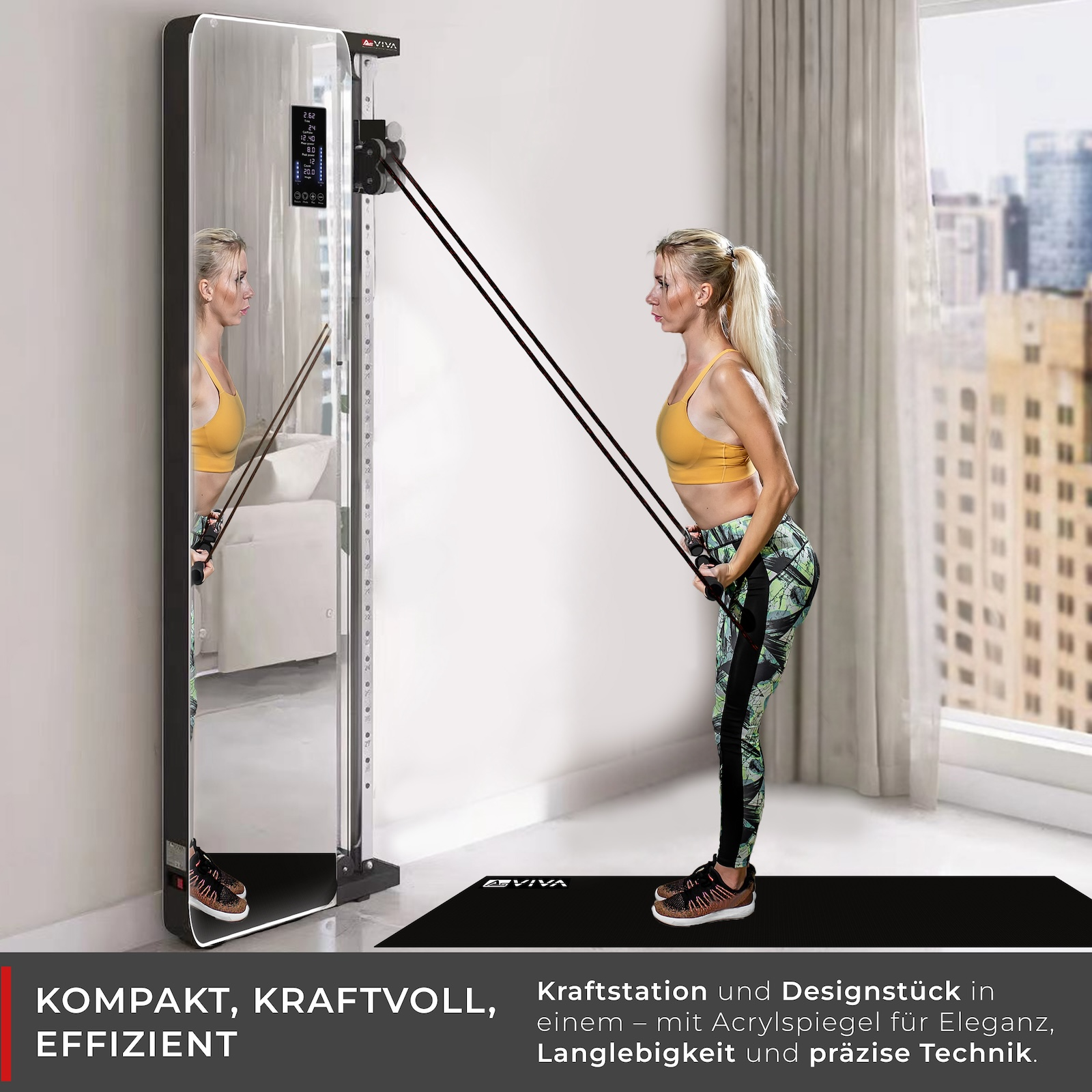 Frau trainiert vor einem Spiegel im Fitnessstudio, mit einem Krafttrainingsgerät.