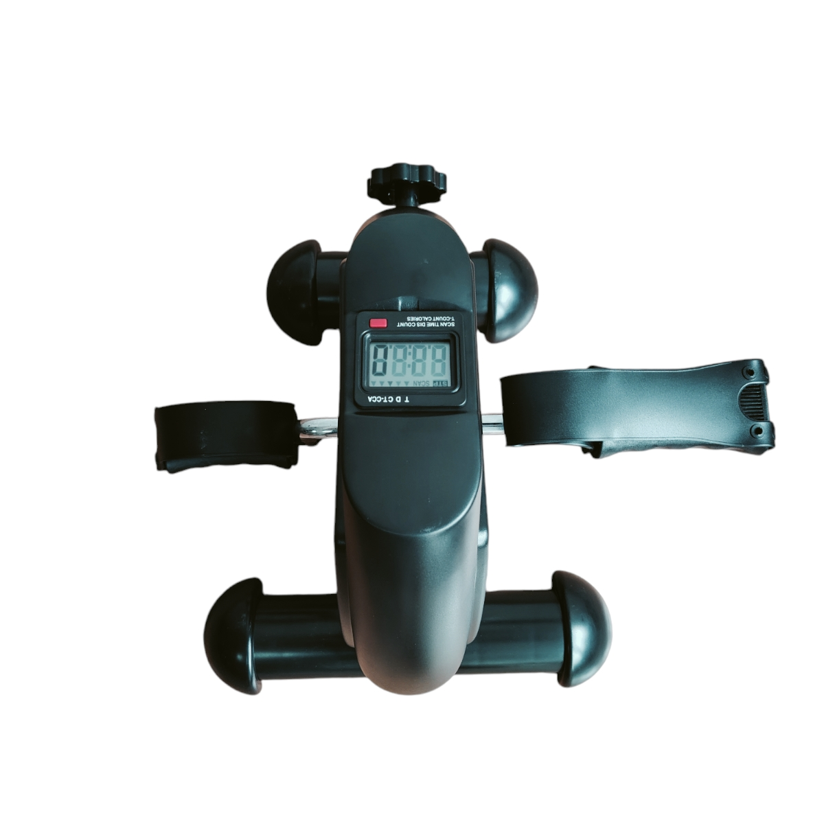 Czarny rower treningowy z wyświetlaczem pokazującym czas, licznik, kalorie i skanowanie, na białym tle.