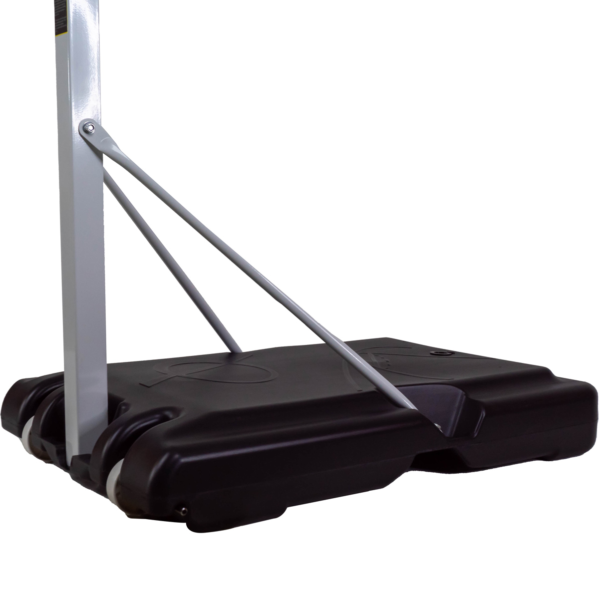 Czarna podstawa kosza do koszykówki, z białymi kołami i podporą. Biały słup i podpory ramion.