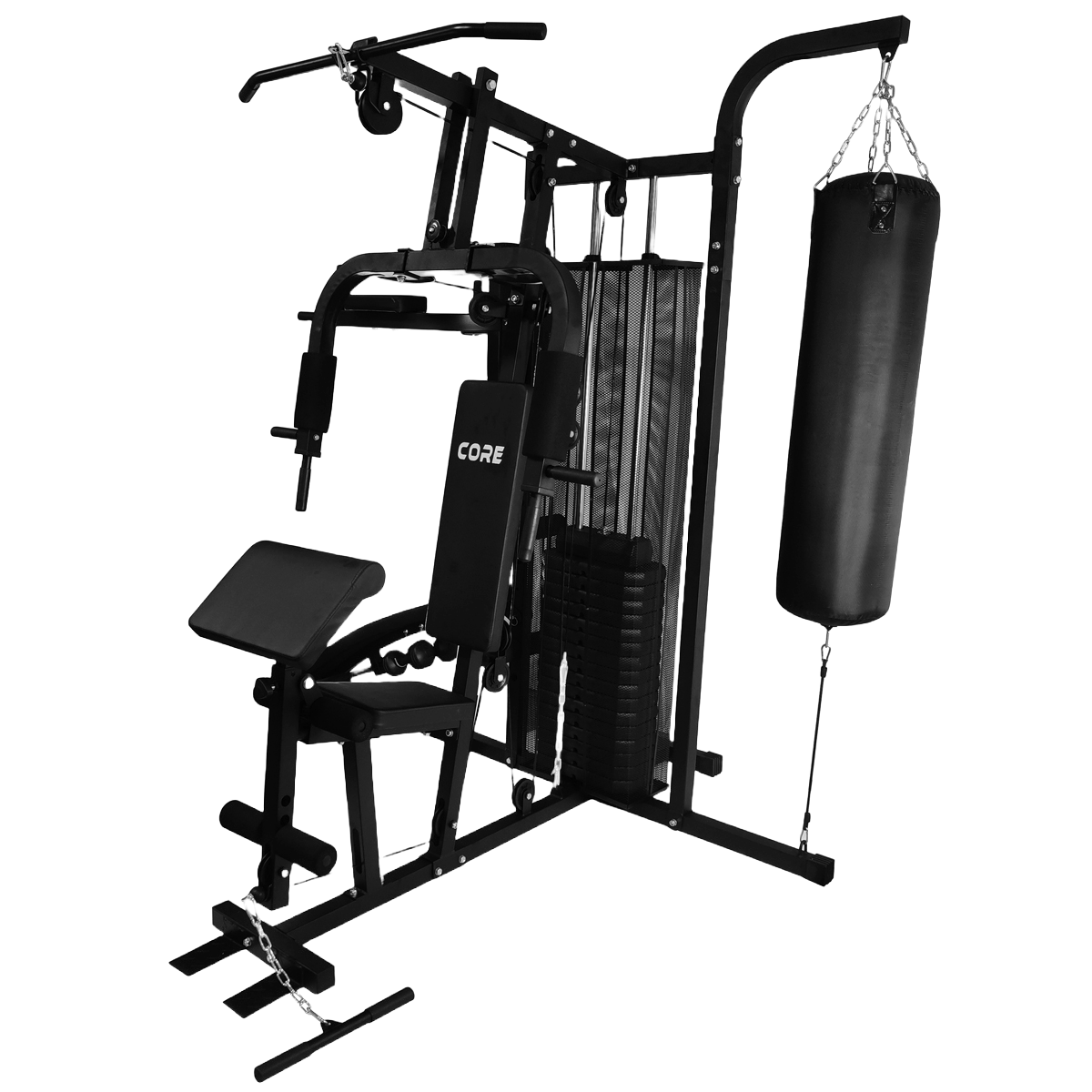 Schwarzes Multi-Gym mit Gewichten, Boxsack und verschiedenen Trainingsstationen.