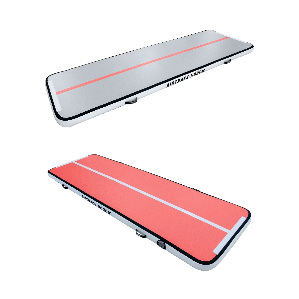 Dwie maty Airtrack, jedna szara z czerwonym paskiem, druga czerwona.