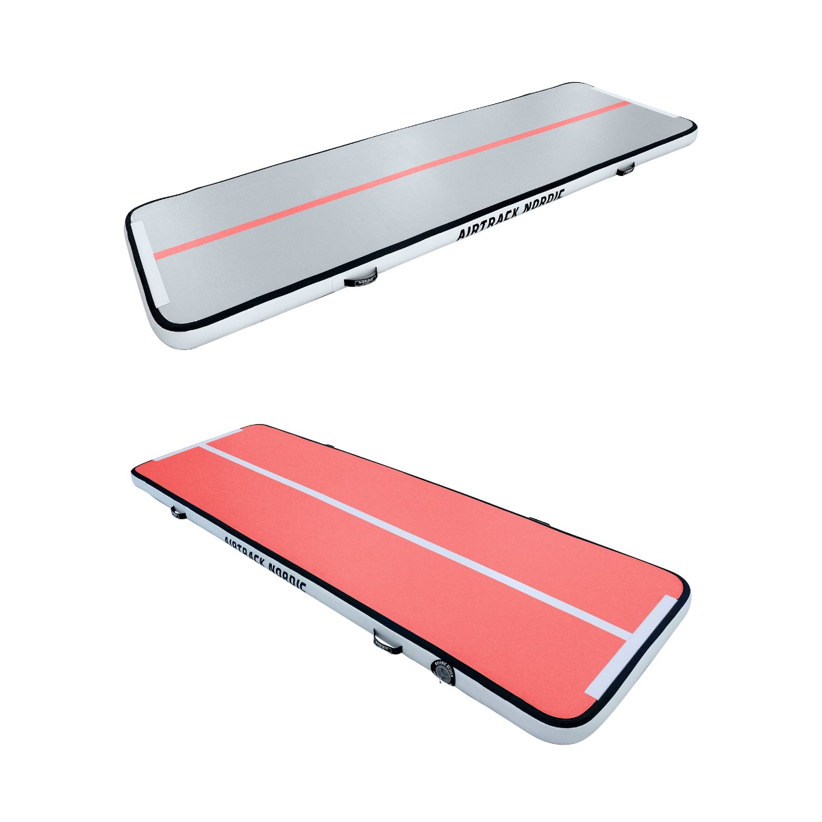 Dwie maty airtrack, jedna szara z czerwonym paskiem, druga czerwona z białym paskiem.