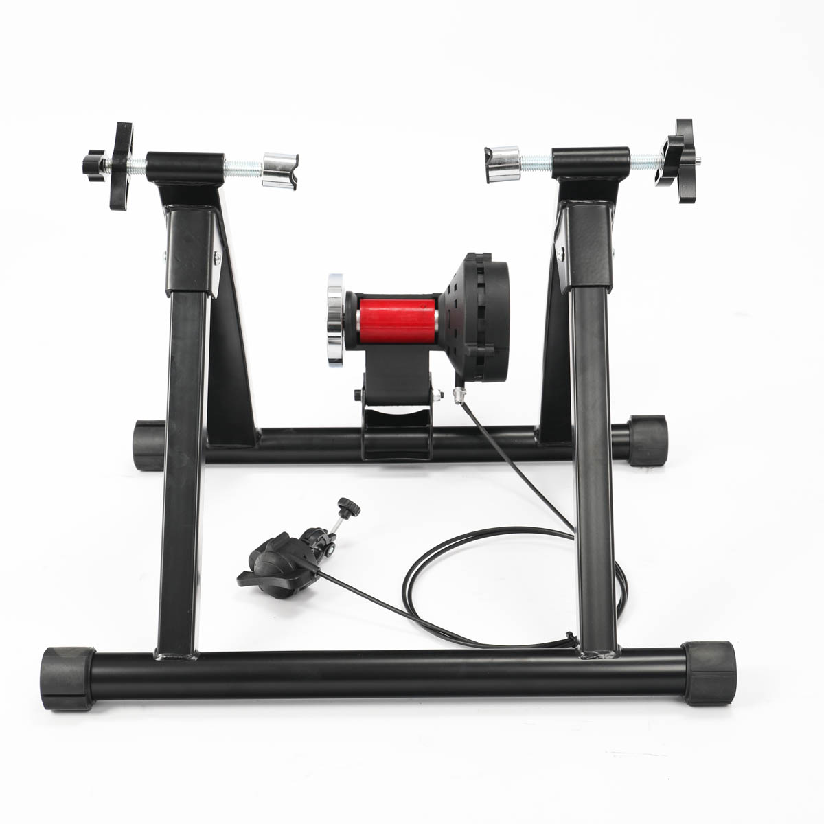 Czarny stojak na trenażer rowerowy z czerwono-czarną jednostką oporu.
