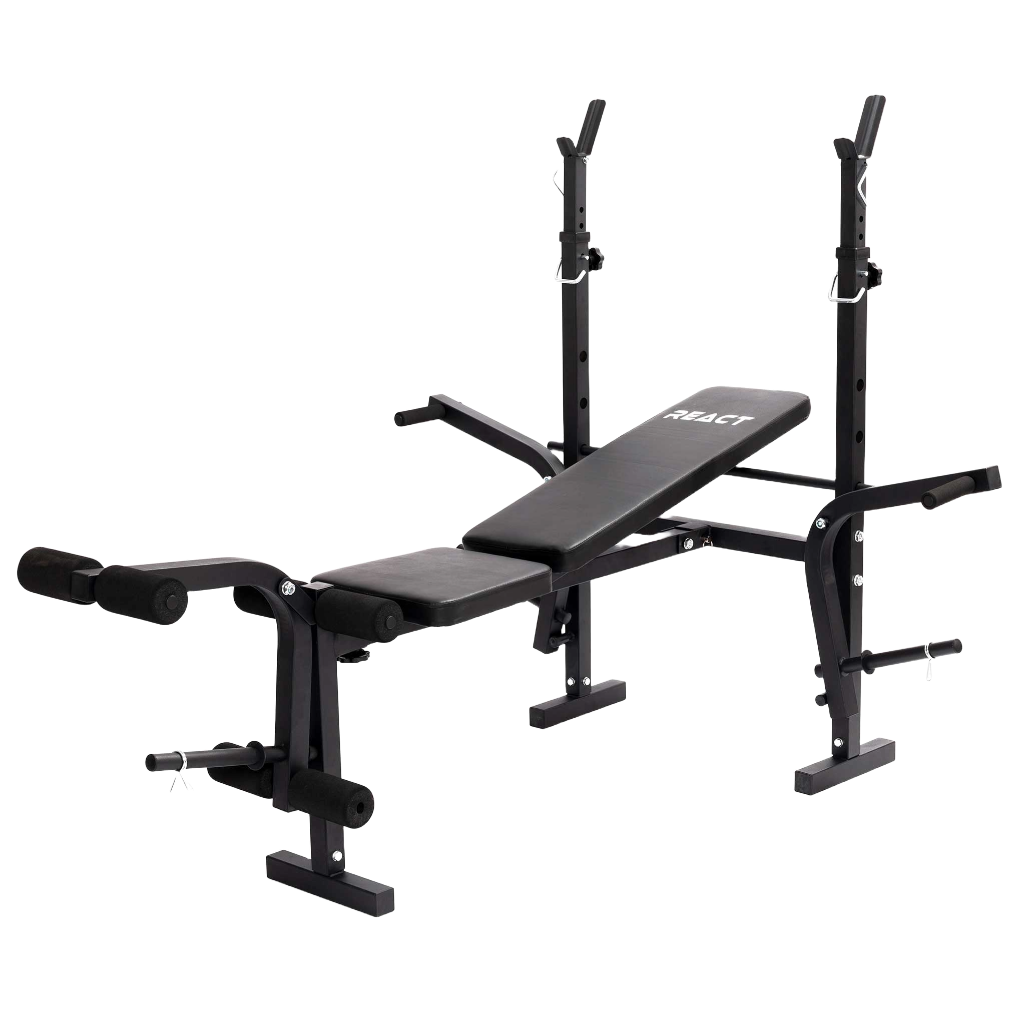 Czarna ławka do ćwiczeń ze stojakiem na sztangę, wyprostem nóg i nakładkami do ćwiczeń.