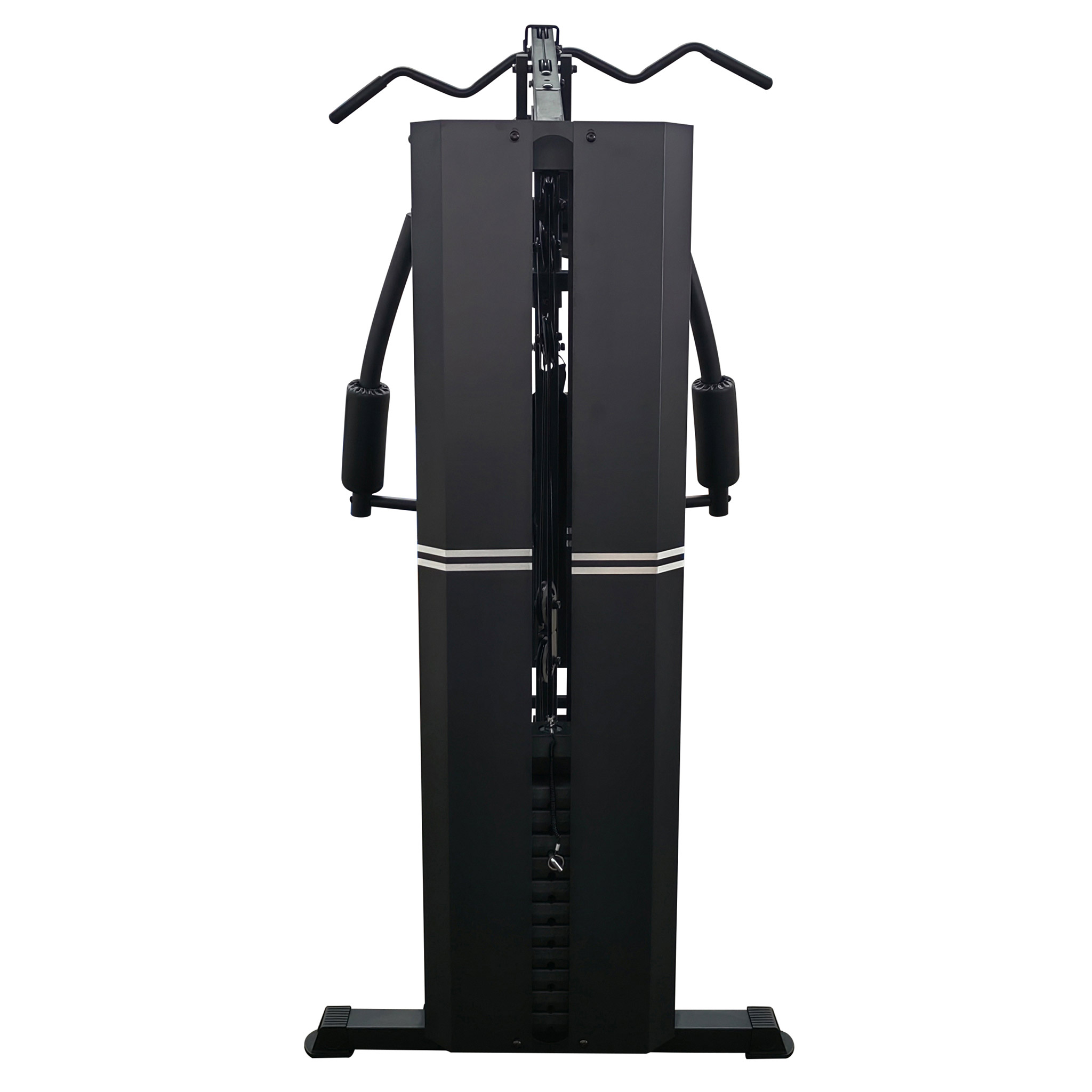 Czarna maszyna do ćwiczeń. Ma czarne ramiona i stos ciężarów. Białe tło.