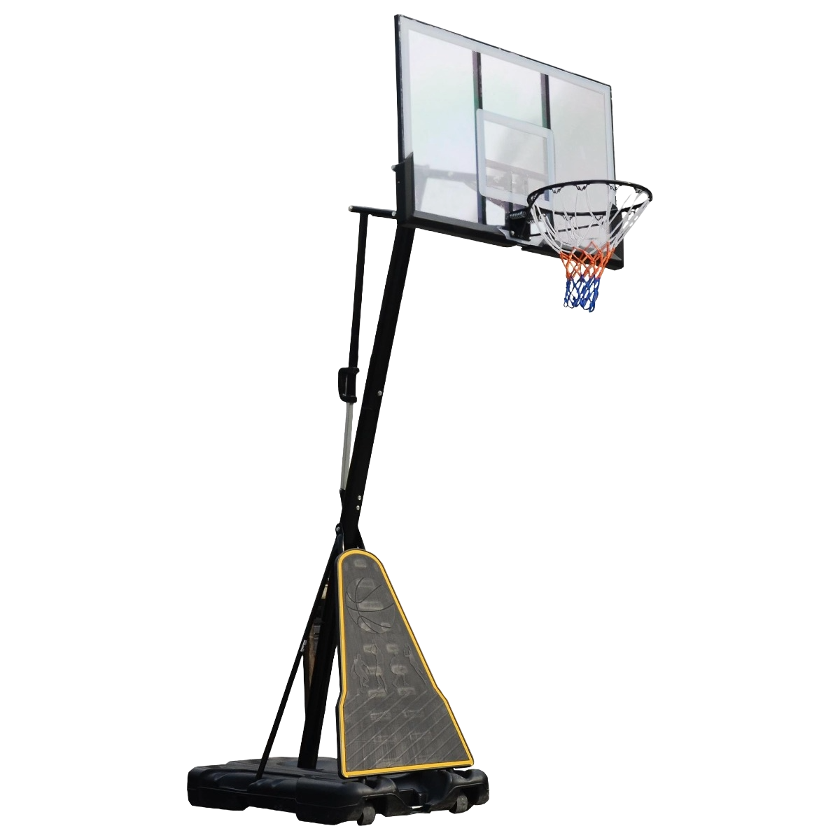 Czarny kosz do koszykówki stoi na czarnej podstawie, z przezroczystą tablicą, odizolowany na czarnym tle.