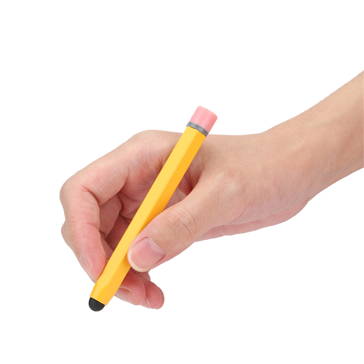 Hand, die einen gelben Bleistift mit schwarzer Spitze und rosa Radiergummi hält.