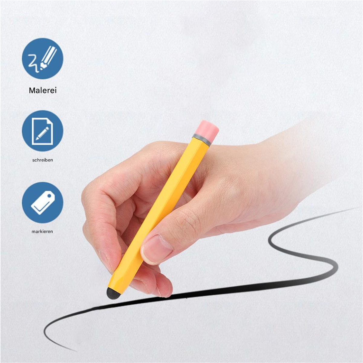 Gelber stiftförmiger Stylus mit rosa Radiergummi und Symbolen für Zeichnen, Schreiben und Markieren.