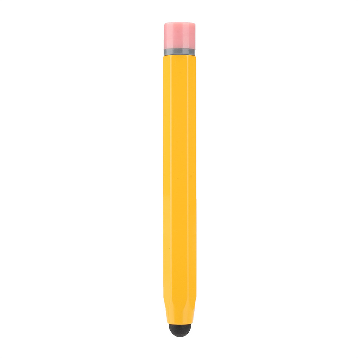 Ein gelber Stift im Bleistift-Design mit pinkem Radiergummi und schwarzer Spitze.