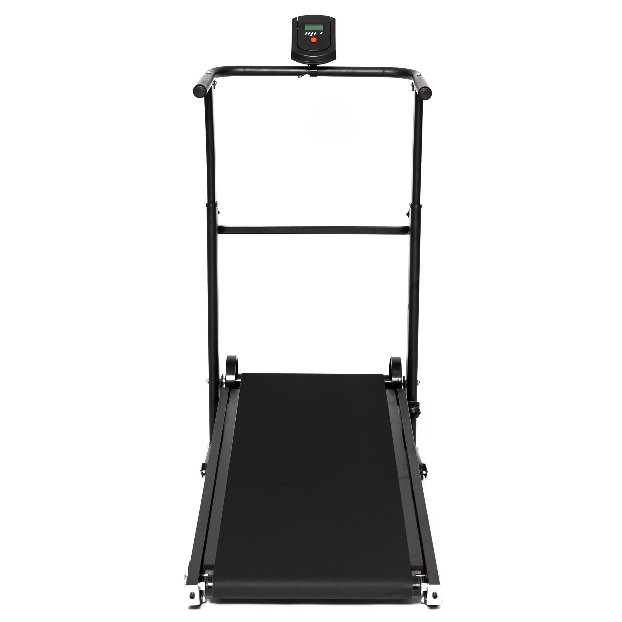 Czarna bieżnia z panelem sterowania. Białe tło. Bieżnia jest pokazana od przodu.