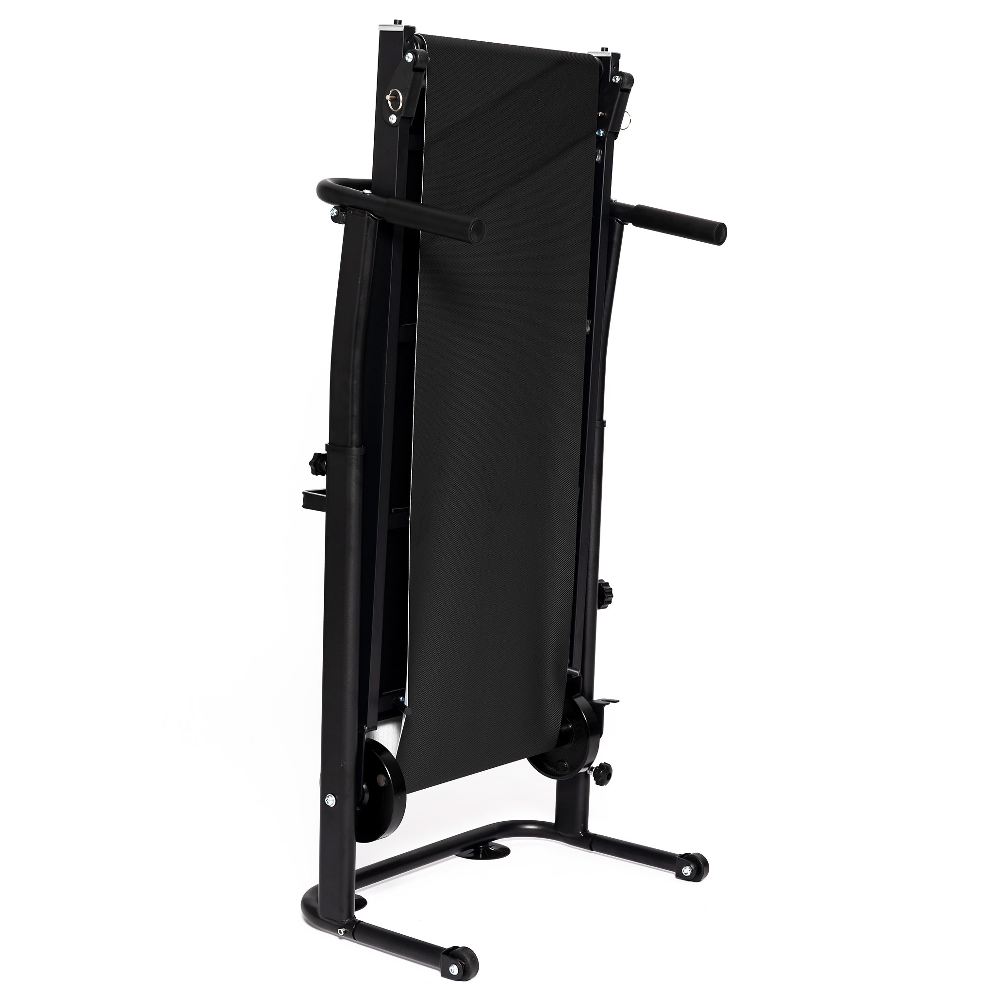 Złożona czarna bieżnia na białym tle. Kółka u podstawy.