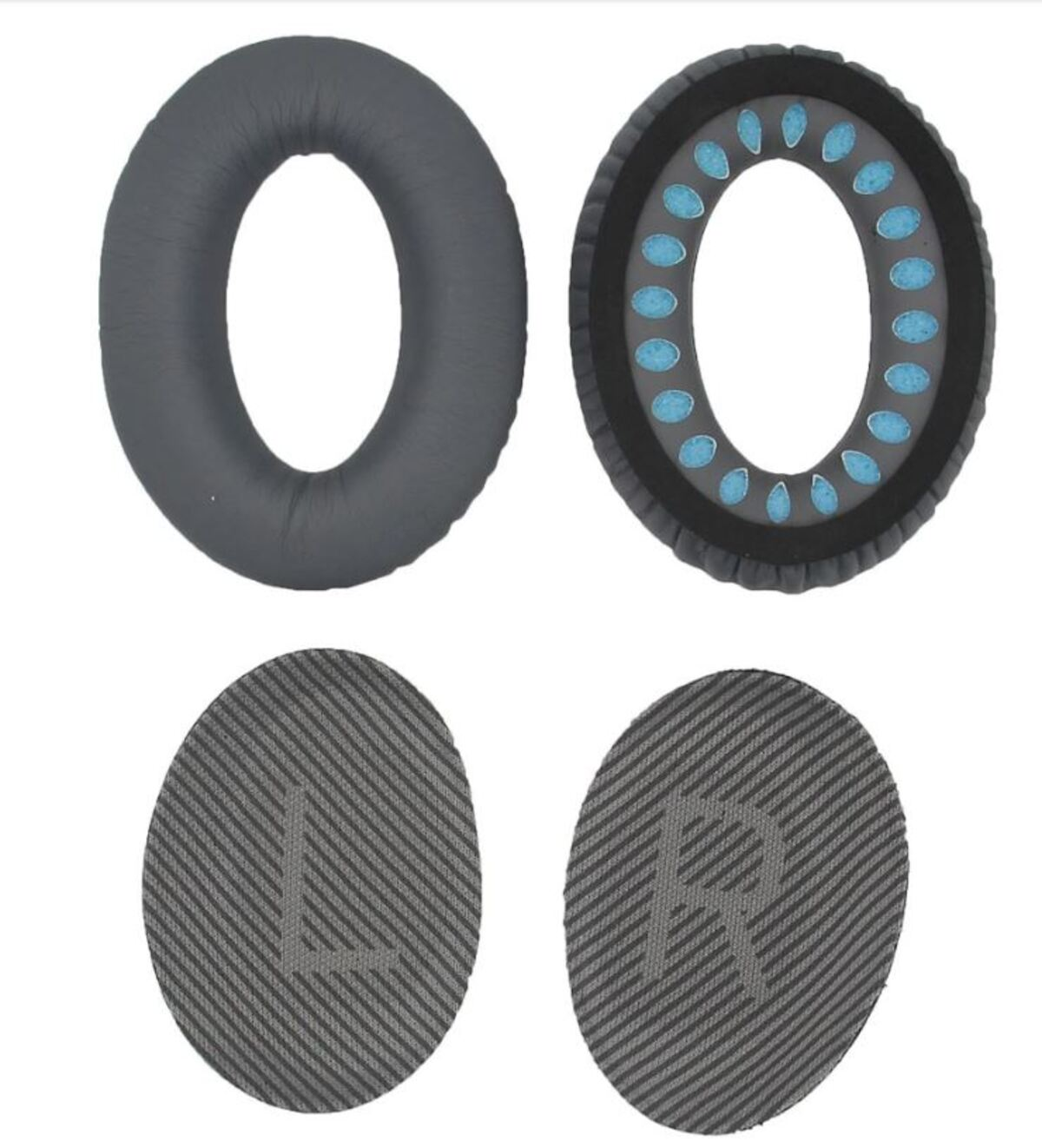 Kopfhörer-Ohrpolster und -Pads: zwei graue Ohrpolster und zwei gemusterte Ohrpolster.